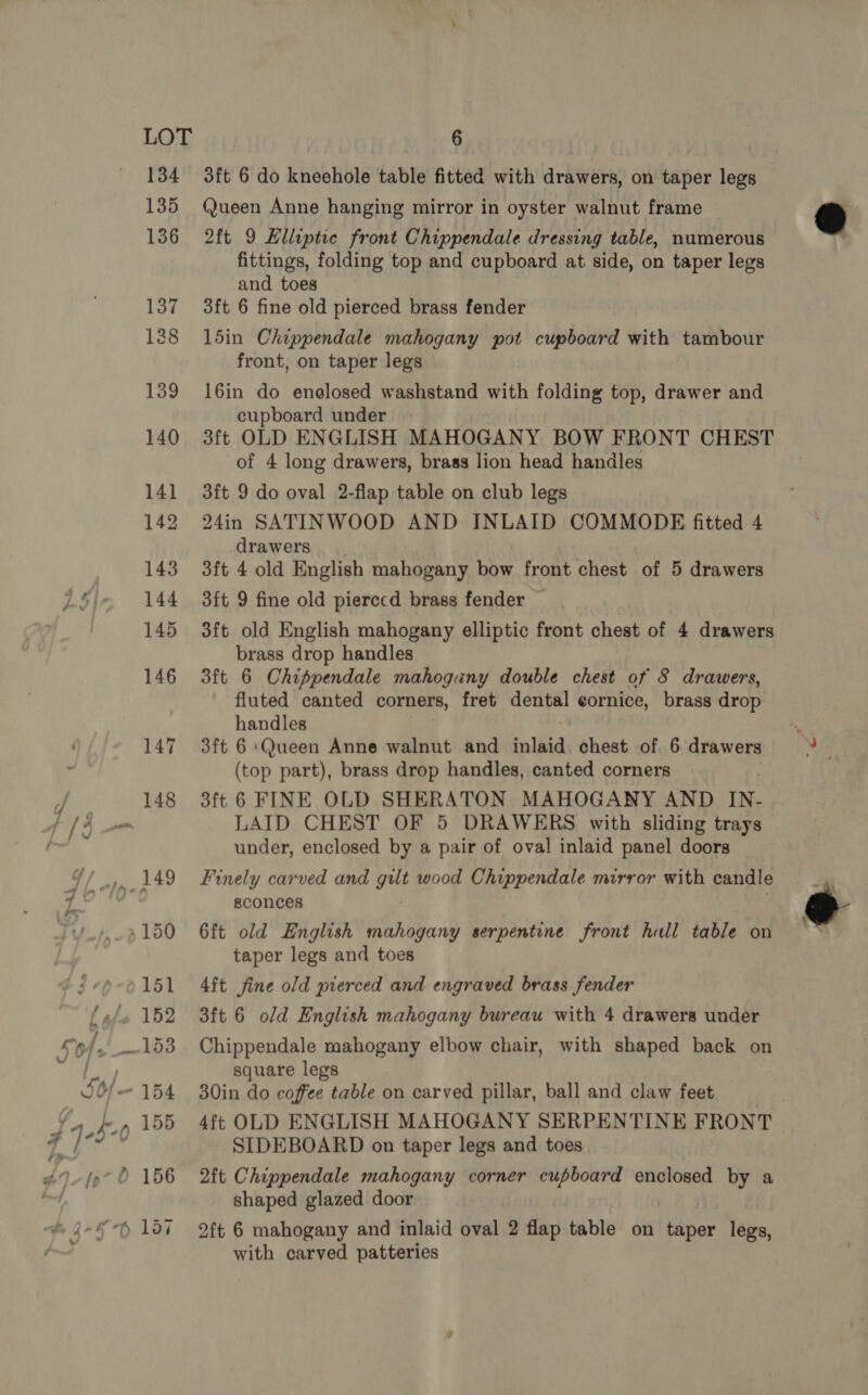 134 3ft 6 do kneehole table fitted with drawers, on taper legs 135 Queen Anne hanging mirror in oyster walnut frame @ 136 2ft 9 Hlliptie front Chippendale dressing table, numerous . fittings, folding top and cupboard at side, on taper legs and toes 137 3ft 6 fine old pierced brass fender 128 15in Chippendale mahogany pot cupboard with tambour front, on taper legs 139 16in do enelosed washstand with folding top, drawer and cupboard under 140 3ft OLD ENGLISH MAHOGANY BOW FRONT CHEST of 4 long drawers, brass lion head handles 141 3ft 9 do oval 2-flap table on club legs 142 24in SATINWOOD AND INLAID COMMODE fitted 4 drawers | 143 3ft 4 old English mahogany bow front chest of 5 drawers 144 3ft 9 fine old pierccd brass fender 145 3ft old English mahogany elliptic front chest of 4 drawers brass drop handles 146 3ft 6 Chippendale mahogany double chest of 8 drawers, fluted canted corners, fret dental cornice, brass drop handles me 147 3ft 6:Queen Anne walnut and julia chest of 6 drawers =? (top part), brass drop handles, canted corners 148 3ft 6 FINE OLD SHERATON MAHOGANY AND IN- - LAID CHEST OF 5 DRAWERS with sliding trays under, enclosed by a pair of oval inlaid panel doors ‘uy, 149 Finely carved and gilt wood Chippendale mirror with candle ai sconces @ 150 6ft old English mahogany serpentine front hall table on , taper legs and toes 151 4ft jine old pierced and engraved brass fender  square legs og 155 4ft OLD ENGLISH MAHOGANY SERPENTINE FRONT Bite SIDEBOARD on taper legs and toes shaped glazed door with carved patteries