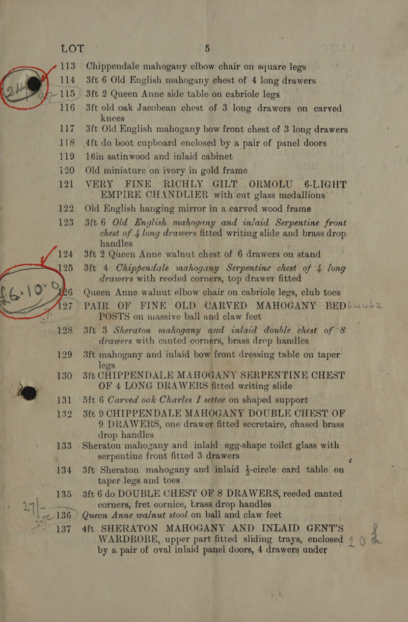 Chippendale mahogany elbow chair on square legs 3ft 6 Old English mahogany chest of 4 long drawers 3ft 2 Queen Anne side table on cabriole legs 3ft old oak Jacobean chest of 3 long drawers on carved knees 117 3ft Old English mahogany bow front chest of 3 long drawers 118 (4ft do boot cupboard enclosed by a pair of pt doors 119 16in satinwood and inlaid cabinet i20 Old miniature on ivory in gold frame 121 VERY FINE. RICHLY GILT ORMOLU_ 6-LIGHT EMPIRE CHANDLIER with cut glass medallions” Old English hanging mirror in a carved wood frame 123 3ft 6 Old English mahoguny and inlaid Serpentine front chest of 4 long drawers fitted writing slide and brass drop handles 3ft 2 Queen Anne Ce chest of 6 drawers on stand 3ft 4 Chippendale mahogany Serpentine chest of 4 long drawers with reeded corners, top drawer fitted Queen Anne walnut elbow chair on cabriole legs, club toes ) PAIR OF FINE OLD CARVED MAHOGANY BED6+i+¥-62 POSTS on massive ball and claw feet 3ft 3 Sheraton mahogany and inlaid double chest of “8 drawers with canted corners, brass drep handles 129 3ft mahogany and inlaid bow front dressing table on taper   . legs 130 3ft CHIPPENDALE MAHOGANY SERPENTINE CHEST / iY OF 4 LONG DRAWERS fitted writing slide “7 131 5ft 6 Carved oak Charles I settee on shaped support 132 3ft 9 CHIPPENDALE MAHOGANY DOUBLE CHEST OF 9 DRAWERS, one drawer fitted secretaire, chased brass drop handles 133 Sheraton mahogany and inlaid egg-shape toilet glass with - serpentine front fitted 3 drawers : 134 3ft Sheraton mahogany and inlaid }-circle card table on . taper legs and toes , 1385 3ft 6do DOUBLE CHEST OF 8 DRAWERS, reeded canted 47 a corners, fret cornice, brass drop handles Ae 136) Queen Anne walnut stool on ball and claw feet a. 137 4ft SHERATON MAHOGANY AND INLAID GENT'S x WARDROBE, upper part fitted sliding trays, enclosed 4 () “ by a pair of oval inlaid panel doors, 4 drawers under i