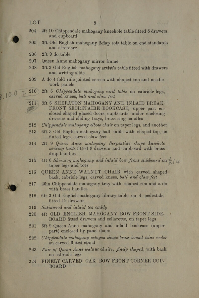 204 205 206 207 208 209 2ft 10 Chippendale mahogany kneehole table fitted 8 drawers and cupboard 3ft Old English mahogany 2-flap sofa table on end standards and stretcher 2ft 9 do table | Queen Anne mahogany mirror frame 3ft 3 Old English mahogany artist’s table fitted with drawers and writing slide A do 4-fold rule-jointed screen with shaped top and needle- work panels 2ft 6 Chippendale mahogany card table on cabriole legs, carved knees, ball and claw feet FRONT SECRETAIRE BOOKCASE, upper part en- closed shaped glazed doors, cupboards under enclosing drawers and sliding trays, brass ring handles Chippendale mahogany elbow chair on taper legs, and another 6ft 3 Old English mahogany hall table with shaped top, on fluted legs, carved claw feet 2ft 9 Queen Anne mahogany Serpentine shupe kneehole writing table fitted 8 drawers and cupboard with brass drop handles 4ft 6 Sheraton mahogany and inlaid bow front sideboard on + fu taper legs and toes ane QUEEN ANNE WALNUT CHAIR with carved. shaped back, cabriole legs, carved knees, ba/l and claw feet 26in Chippendale mahogany tray with shaped rim and a do with brass handles fitted 19 drawers Satinweod and inlard tea caddy 4ft OLD ENGLISH MAHOGANY BOW FRONT SIDE- ' BOARD fitted drawers and cellarette, on taper legs 3ft 9 Queen Anne mahogany and inlaid bookcase (upper part) enclosed by panel doors Chippendale mahogany octagon shape brass bound wine cooler on carved fluted stand Pair of Queen Anne walnut chairs, finely shaped, with back on cabriole legs FINELY CARVED OAK BOW FRONT CORNER CUP- BOARD