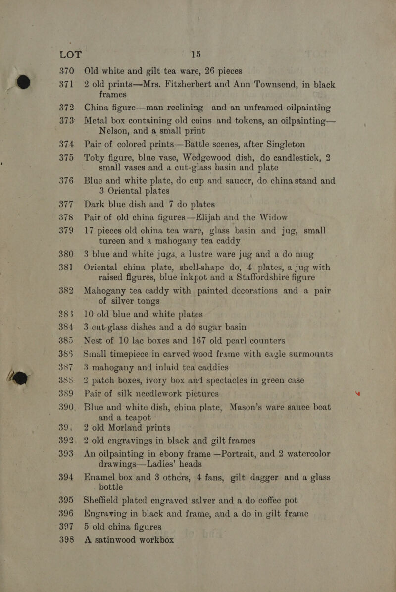 398 Old white and gilt tea ware, 26 pieces 2 old prints—Mrs. Fitzherbert and Ann Townsend, in black frames China figure—man reclining and an unframed oilpainting Metal box containing old coins and tokens, an oilpainting— Nelson, and a small print Pair of colored prints—Battle scenes, after Singleton Toby figure, blue vase, Wedgewood dish, do candlestick, 2 small vases and a cut-glass basin and plate Blue and white plate, do cup and saucer, do china stand and 3 Oriental plates Dark blue dish and 7 do plates Pair of old china figures—Elijah and the Widow 17 pieces old china tea ware, glass basin and jug, small tureen and a mahogany tea caddy 3 blue and white jugs, a lustre ware jug and a do mug Oriental china plate, shell-shape do, 4 plates, a jug with raised figures, blue inkpot and a Staffordshire figure Mahogany tea caddy with painted decorations and a pair of silver tongs 10 old blue and white plates 3 cut-glass dishes and a do sugar basin Small timepiece in carved wood frame with eagle surmounts 3 mahogany and inlaid tea caddies 2 patch boxes, ivory box and spectacles in green case Pair of silk needlework pictures Blue and white dish, china plate, Mason’s ware sauce boat and a teapot » 2 old Morland prints 2 old engravings in black and gilt frames An oilpainting in ebony frame —Portrait, and 2 watercolor drawings—Ladies’ heads Enamel box and 3 others, 4 fans, gilt dagger and a glass . bottle Sheffield plated engraved salver and a do coffee pot Engraving in black and frame, and a do in gilt frame 5 old china figures A satinwood workbox
