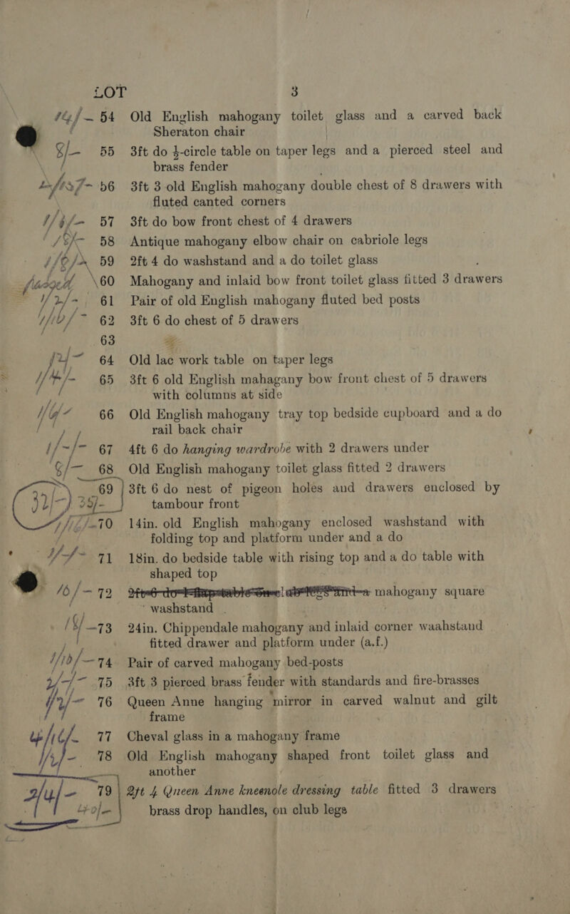 K/- 55 i Lfrs Y x 56 x 58 (Yr 59 f (age \60 = Yr/~ | 61 Uf b/> 62 63 fu 64 Wan. ae 65 YU Ch ees i/~/- 67 G/- 68. | 69 vie 247 } fy pe Nig) -=10 t YP > 16 /— 79 iy 73 i/io/ —74 3 Sheraton chair | 3ft do }-circle table on taper legs anda pierced steel and brass fender . 3ft 3 old English mahogany double chest of 8 drawers with fluted canted corners 3ft do bow front chest of 4 drawers Antique mahogany elbow chair on cabriole legs 2ft 4 do washstand and a do toilet glass Mahogany and inlaid bow front toilet glass fitted 3 ava ers Pair of old English mahogany fluted bed posts 3ft 6 do chest of 5 drawers Old lac work table on taper legs 3ft 6 old English mahagany bow front chest of 5 drawers with columns at side Old English mahogany tray top bedside cupboard and a do rail back chair 4ft 6 do hanging wardrobe with 2 drawers under Old English mahogany toilet glass fitted 2 drawers 3ft 6 do nest of pigeon holes and drawers enclosed by tambour front . l4in. old English mahogany enclosed washstand with folding top and platform under and a do 18in. do bedside table with pane top and a do table with shaped top LaeeCC ida mahogany square ‘washstand . 24in. Chippendale mahogany and inlaid corner waahstand fitted drawer and platform under (a.f.) Pair of carved mahogany bed-posts | 3ft 3 pierced brass: fender with standards and fire-brasses_ Queen Anne hanging ‘mirror in carved walnut and gilt frame Cheval glass in a mahogany frame Old English mahogany shaped front toilet glass and another brass drop handles, on club legs