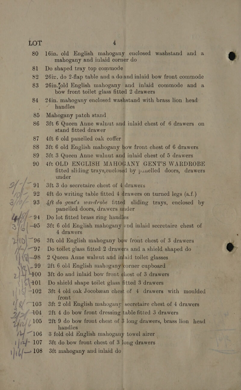 16in. old English mahogany enclosed washstand and a mahogany and inlaid corner do Do shaped tray top commode 26ir. do 2-flap table and a doand inlaid bow front commode 26in.fold English mahogany and inlaid commode and a bow front toilet glass fitted 2 drawers 24in. mahogany enclosed washstand with brass lion head handles Mahogany patch stand 3ft 6 Queen Anne walnut and inlaid chest of 6 drawers on stand fitted drawer 4ft 6 old panelled oak coffer 3ft 6 old English mahogany bow front chest of 6 drawers 3ft 3 Queen Anne walnut and inlaid chest of 5 drawers 4ft OLD ENGLISH MAHOGANY GENT’S WARDROBE fitted sliding trays,enclosed by puuelled doors, drawers under  @ \ 3f{t 3 do secretaire chest of 4 drawers 4ft do writing table fitted 4 drawers on turned legs (a.f.) 4ft do gent’s wardrobe fitted sliding trays, enclosed by panelled doors, drawers under Do lot fitted brass ring handles 3ft 6 old English mahogany znd inlaid secretaire chest of 4 drawers 3ft old English mahogany he front chest of 3 drawers Do toilet glass fitted 2 drawers and a shield shaped do 2 Queen Anne walnut and inlaid toilet glasses 2ft 6 old English Sete! We cupboard e 3ft do and inlaid bow front ¢hest of 3 drawers Do shield shape toilet glass fitted 3 drawers 3ft 4 old oak Jocobzean chest of 4 drawers with moulded front 3ft 2 old English mahogany ' secretaire chest of 4 drawers 2ft 4 do bow front dressing table fitted 3 drawers 2ft 9 do bow front chest of 3 long drawers, brass lion head handles 3 fold old English mahogany towel airer_ aft do bow front chest of 3 long drawers 3ft mahogany and inlaid do