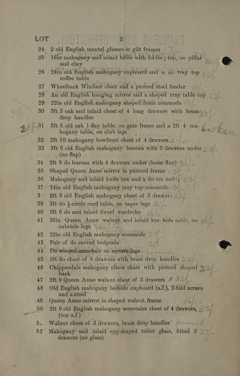 PhS ~~ LOT 24. 25 26 27 28 29 30 31 32 33 9 2 old English mantel glasses in gilt frames Re 16in’ mahogany’ and inlaid table with fol lin’ ’ tof, on pillar i and claw mid 24in old English mahogany cupboard and a do tray top coffee table Wheelback Windsor chair ant a ‘pierced steel fender An old English hanging mirror and a shaped tray table top 22in old English mahogany shaped front commode 7 3ft 3 oak and inlaid chest of 4 long drawers with brass. q drop handles 3ft 6.old oak 1-flap table, on gate frame and a aft 4 ma- ¥¢ hogany table, on club legs ‘a. % 2ft 10 mahogany bowfront chest of 4 drawers. . 3ft 6 old English mahogany bureau with 5 drawers under (no flap) 2ft 9 do bureau with 4 drawers under (loose flap) Shaped Queen Anne mirror in paiiited frame Mahogany and inlaid knife box and ado tea caddy. 24in old English mahogany tray top’ commode 2ft 9 old English mahogany chest of 3 drawers 3ft do }-circle card table, on taper legs 3ft 6 do and inlaid dwarf wardrobe 26in Queen Anne walnut and inlaid knevhole table, on ft cabriole legs © 22in old English mahogany commode Pair of do carved bedposts Do winged. armchair ov square legs 3ft do chest of 5 drawers with brass drop handles * Chippendale mahogany elbow chair with pierced shaped 2 back 2ft 9 Queen Anne walnut chest of 3 drawers # O2/_ Old English mahogany bedside cupboard (a.f.), 2- féld screen and a stool Queen Anne mirror in shaped walnut frame ff 2ft 9 old English mahogany secretaire chest of 4 ditawdes i. (top a.f.) Walnut chest of 3 drawers, brass drop’ handles sf drawers (no glass) e  