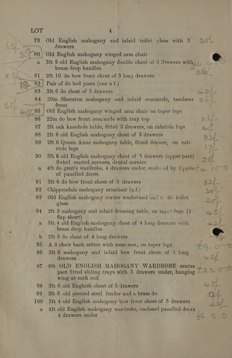 be Old English mahogany and inlaid toilet glass with 3 Ae = drawers 80 Old English mahogany winged arm chair @ a 3ft 9 old English mahogany double chest of 8 drawers with), brass drop handles ai fe 81 2ft 10 do bow front chest of 3 long drawers eee? bea 82) Pair of do bed posts (one af.) 83 3ft 6 do chest of 5 drawers Ly 24 84 20in Sheraton mahogany and inlaid commode, tambour ® |. front 85 Old English mahogany winged arm chair on taper legs 86 22in do bow front commode with tray top 2.9] 87 2ft oak kneehole table, fitted 3 drawers, on cabriole legs bf] 88 2ft 6 old English mahogany chest of 3 drawers 25 | 89 2ft 6 Queen Anne mahogany table, fitted drawer, on cab- aes g riole legs , HH 90 3ft 6 old English mahogany chest of 5 drawers (upper part) , =/ fluted canted corners, dental cornice “ent am a 4ft do gent’s wardrobe, 4 drawers under, enclo-ed by 2 pairsfy, | 0-00 of panelled doors 91 3ft 6 do bow front chest of 6 drawers 3.2) 92 Chippendale mahogany armchair (a.f.) va 93 Old English mahogany corner washstand ind a do toilet 5 ye glass “e 94 2ft 3 mahogany and inlaid dressing table, on taper legs (1 Ly B/ flap short) ; a 3ft 4 old English mahogany chest of 4 Jong drawers ei: re we Sie brass drop handles @. | b 2ft 8 do chest of 4 long drawers ae | 95 A 3 chair back settee with cane seat, on taper legs EO ¢y>—O 96 3ft 6 mahogany and inlaid bow front chest of 4 long ey drawers ue Sh 97 8ft OLD ENGLISH MAHOGANY WARDROBE centre | _ oO part fitted sliding trays with 5 drawers under, hanging ~< °* ~ * wing at each end ie 98 3ft 6 old Enghish chest of 5 drawers fe Of 99 3ft 6 old pierced steel fender and a brass do OA 100 3ft 4 old English mahogany bow front chest of 5 drawers | y a 4ft old English mahogany wardrobe, enclosed panelled doors 4 drawers under ae Sg en a 2.