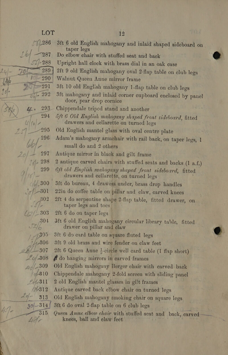 a - LOT [5/286  172/303 ar B04 7895 JfA06 2 ff 1-307 A y/308 Zf-309 /yLB\0 bch 4o-' 313 $0l- 314] “5, Lid ¢ 12 3ft 6 old English mahogany and inlaid shaped sideboard on taper legs Do elbow chair with stuffed seat and back Upright hall clock with brass dial in an oak case 2ft 9 old English mahogany oval 2-flap table on club legs 3ft 10 old English mahogany 1-flap table on club legs 3ft mabogany and inlaid corner cupboard enclosed by panel door, pear drop cornice Chippendale tripod stand and another 5ft 6 Old English mahogany shaped front sideboard, fitted drawers and cellarette on turned legs Old English mantel glass with oval centre plate Adam's mahogany armehair with rail back, on taper legs, 1 small do and 2 others Antique mirror in black and gilt frame 2 antique carved chairs with stuffed seats and backs (1 a.f.) Gjt old English mahogany shaped front sideboard, fitted drawers and cellarette, on turned legs 3ft do bureau, 4 drawens under, brass drop handles 22in do coffee table on pillar and claw, carved knees 2ft 4 do serpentine shape 2-flap table, fitted drawer, on taper legs and toes 2ft 6 do on taper legs 3ft 6 old English mahogany circular library table, fitted drawer on pillar and claw dft 6 do card table on square fluted legs 3ft 9 old brass and wire fender on claw feet 2ft 6 Queen Anne }-cirele well card table (1 flap short) @ do hanging mirrors in carved frames Old English mahogany Berger chair with carved back Chippendale mahogany 2-fold screen with sliding panel 2 old English mantel glasses in gilt frames Antique carved back elbow chair on turned legs Old English mahogany smoking chair on square legs 3ft 6 do oval 2-flap table on 6 club legs knees, ball and elaw feet  