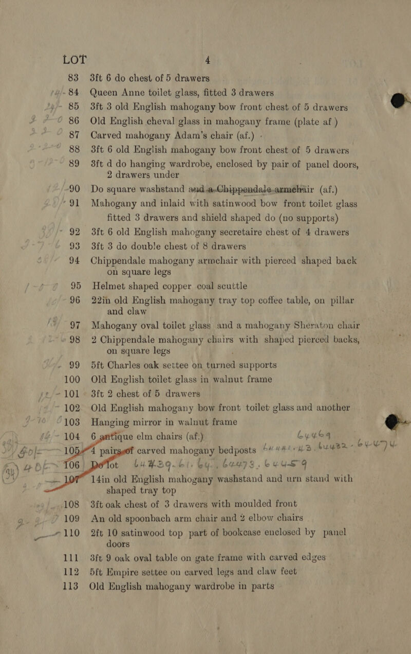    4 3ft 6 do chest of 5 drawers Queen Anne toilet glass, fitted 3 drawers Old English cheval glass in mahogany frame (plate af ) Carved mahogany Adam's chair (af.) - 3ft 6 old English mahogany bow front chest of 5 drawers 3ft d do hanging wardrobe, enclosed by pair of panel doors, 2 drawers under Do square washstand aad.a-Chippendale.armehair (af.) Mahogany and inlaid with satinwood bow front toilet glass fitted 3 drawers and shield shaped do (no supports) Chippendale mahogany armchair with pierced shaped back on square legs Helmet shaped copper coal scuttle 22in old English mahogany tray top coffee table, on tie and claw Mahogany oval toilet glass and a mahogany Sheraton chair 2 Chippendale mahogany chairs with shaped pierced backs, on square legs 5ft Charles oak settee on turned supports Old English toilet glass in walnut frame 3ft 2 chest of 5 drawers Old English mahogany bow front toilet: glass and another Hanging mirror in walnut frame itique elm chairs (af.) by ¢o4 carved mahogany bedposts CH HHL HE 6H Hg. bi. bY bey73 . Gy ie 14in old English mahogany washstand and urn stand with shaped tray top 3ft oak vhest of 3 drawers with moulded front An old spoonbach arm chair and 2 elbow chairs 2ft 10 satinwood top part of bookcase enclosed by panel doors 3ft 9 oak oval table on gate frame with carved edges 5ft Empire settee on carved legs and claw feet Old English mahogany wardrobe in parts @.