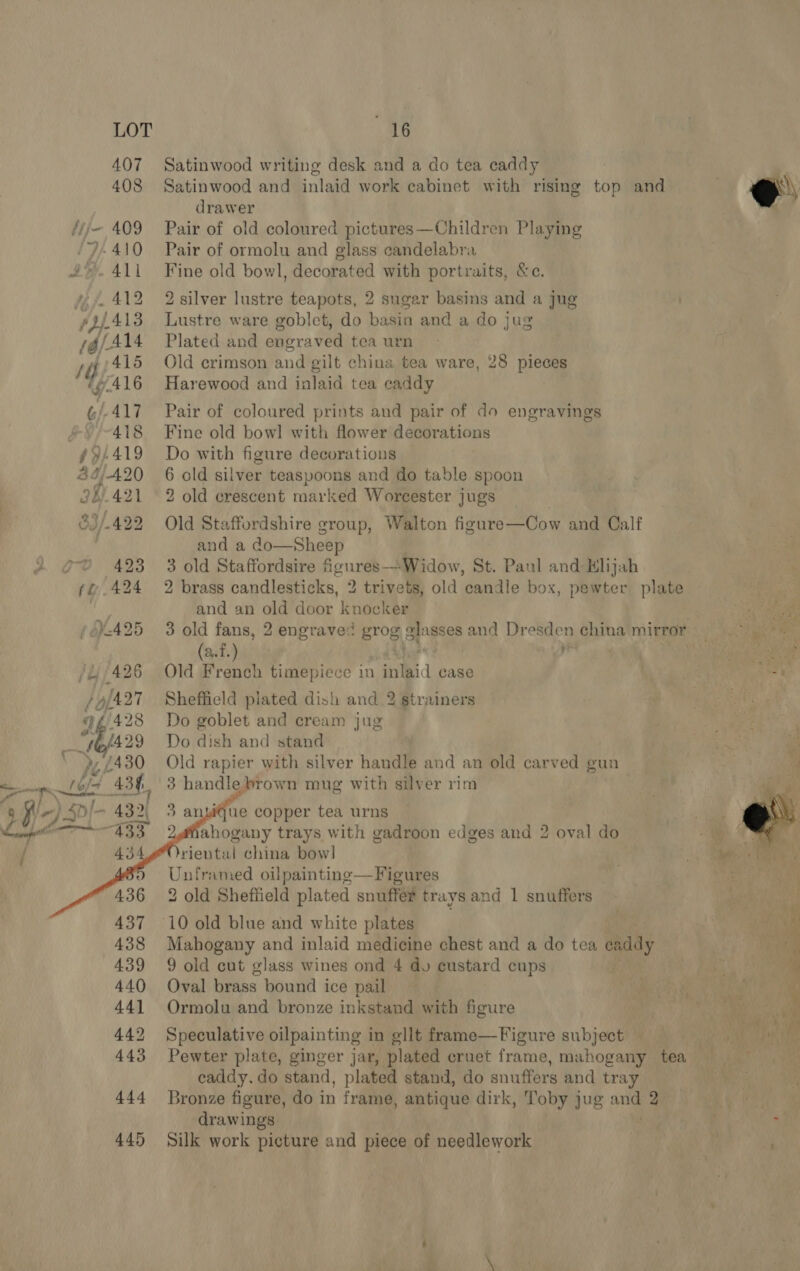LOT ae 407 Satinwood writing desk and a do tea caddy 408 Satinwood and inlaid work cabinet with rising top and drawer fij- 409 Pair of old coloured pictures—Children Playing ‘9-410 Pair of ormolu and glass candelabra 4.411 Fine old bowl, decorated with portraits, &amp;c. -. 412 2silver lustre teapots, 2 sugar basins and a jug pi/413 Lustre ware goblet, do basin and ado jug s4f414 Plated and engraved tea urn yg 415 Old crimson and gilt china tea ware, 28 pieces #7416 Harewood and inlaid tea caddy ¢/-417 Pair of coloured prints and pair of do engravings 418 Fine old bowl with flower decorations £94419 Do with figure decorations 4/420 6 old silver teaspoons and do table spoon 34421 2 old crescent marked Worcester jugs @3/.422 Old Staffordshire group, Walton figure—Cow and Calf and a do—Sheep ge 423 3 old Staffordsire figures—-Widow, St. Paul and Hlijah and an old door knocker (af) ye (4/426 Old French timepiece in inlaid case /g[427 Sheffield plated dish and 2 strainers £428 Do goblet and cream jug *bis29 Do dish and stand y? {430 Old rapier with silver handle and an old carved gun ae » iN y . <p fold 43%, 3 handle brown mug with silver rim    iQue copper tea urns ahogany trays with gadroon edges and 2 oval do rientul china bow] Unframed oilpainting—Figures 2 old Sheffield plated snuffer trays and 1 snuffers 437 10 old blue and white plates 438 Mahogany and inlaid medicine chest and a do tea caddy 439 9 old cut glass wines ond 4 dv custard cups 440 Oval brass bound ice pail 441 Ormolu and bronze inkstand with figure 442 Speculative oilpainting in gllt frame—Figure subject caddy. do stand, plated stand, do snuffers and tray drawings 445 Silk work picture and piece of needlework  
