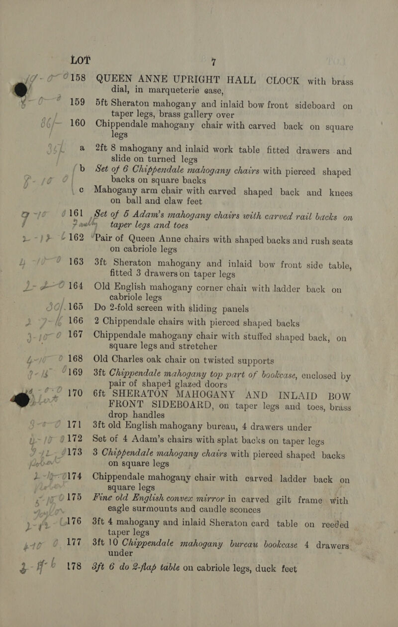 ru dial, in marqueterie ease, 159 5ft Sheraton mahogany and inlaid bow front sideboard on taper legs, brass gallery over (¢/~ 160 Chippendale mahogany chair with carved back on square a 2ft 8 mahogany and inlaid work table fitted drawers .and slide on turned legs (b Set of 6 Chippendale mahogany chairs with pierced shaped | backs on square backs _¢ Mahogany arm chair with carved shaped back and knees (161 Set of 5 Adam’s mahogany chairs with carved rail backs on % Paw taper legs and toes }2 £162 “Pair of Queen Anne chairs with shaped backs and rush seats on cabriole legs 163 3ft Sheraton mahogany and inlaid bow front side table, fitted 3 drawers on taper legs cabriole legs JC/.165 Do 2-fold screen with sliding panels i166 2 Chippendale chairs with pierced shaped backs » € 167 Chippendale mahogany chair with stuffed shaped back, on | square legs and stretcher ? 168 Old Charles oak chair on twisted supports pair of shaped glazed doors drop handles ' 171 3ft old English mahogany bureau, 4 drawers under y 9172 Set of 4 Adam’s chairs with splat backs on taper legs 5 -/ 1 $173 3 Chippendale mahogany chairs with pierced shaped backs Pooe U on square legs 2 ~/-0174 Chippendale mahogany chair with carved ladder back o square legs “9p O1T6 Fine old English convex mirror in carved gilt frame with ye eagle surmounts and candle sconces ‘SF 176 3ft 4 mahogany and inlaid Sheraton card table on reeded ‘ Z taper legs : under