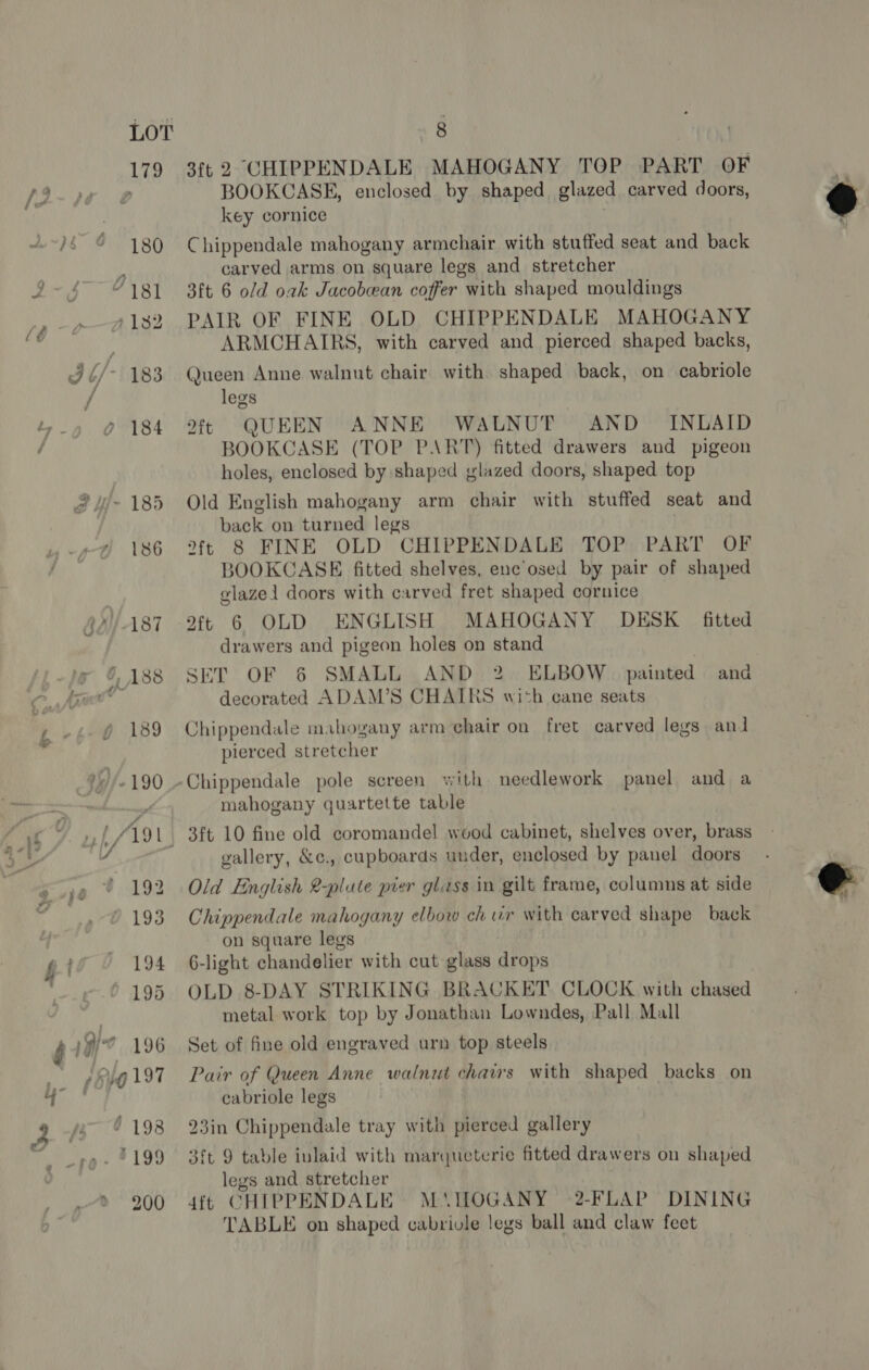 46 — CO fe) | 3ft 2 CHIPPENDALE MAHOGANY TOP PART OF BOOKCASE, enclosed by shaped glazed carved doors, Chippendale mahogany armchair with stuffed seat and back carved arms on square legs and stretcher 3ft 6 old oak Jacobean coffer with shaped mouldings PAIR OF FINE OLD CHIPPENDALE MAHOGANY ARMCHAIRS, with carved and pierced shaped backs, Queen Anne walnut chair with shaped back, on cabriole QUEEN ANNE WALNUT AND INLAID BOOKCASE (TOP PART) fitted drawers and pigeon holes, enclosed by shaped glazed doors, shaped top 2it Old English mahogany arm chair with stuffed seat and back on turned legs 2ft 8 FINE OLD CHIPPENDALE TOP PART OF BOOKCASE fitted shelves, enc’osed by pair of shaped elazel doors with carved fret shaped cornice 2ft 6 OLD ENGLISH MAHOGANY DESK fitted drawers and pigeon holes on stand SET OF 6 SMALL AND 2 ELBOW.) painted decorated ADAM’S CHAIRS with cane seats Chippendale mahogany arm chair on fret carved legs and pierced stretcher and mahogany quartette table gallery, &amp;c., cupboards under, enclosed by panel doors Old English 2-plute pier gliss in gilt frame, columns at side Chippendale mahogany elbow ch wr with carved shape back on square legs 6-light chandelier with cut glass drops OLD 8-DAY STRIKING BRACKET CLOCK with chased metal work top by Jonathan Lowndes, Pall Mall Set of fine old engraved urn top steels Pair of Queen Anne walnut chairs with shaped backs on cabriole legs 23in Chippendale tray with pierced gallery 3ft 9 table iulaid with marqueterie fitted drawers on shaped legs and stretcher 4ft CHIPPENDALE: M‘\HOGANY °2-FLAP DINING TABLE on shaped cabrivle legs ball and claw feet  