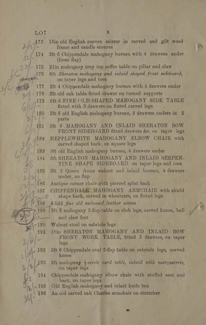 / ATs 15in old English convex mirror in carved and gilt wood Vail he frame and candle sconces f/ 174 3ft 6 Chippendale mahogany bureau with 4 drawers under je } x (loose flap) 2 5}- 175 2lin mahogany tray top coffee table on pillar and claw | ‘tu. +7 AT6 6ft Sheraton mahogany and inlaid shaped front sideboard, ore 7 on taper legs and toes Laat 177 2ft 4 Chippendale mahogany bureau with 4 drawers under - - 178 3ft old oak table fitted drawer on turned supports / 0179 6ft 6 FINE OLD SHAPED MAHOGANY SIDE TABLE i ul fitted with 3 drawers on fluted carved legs | [' 180 3ft 6 old English mahogany bureau, 4 drawers unders i in 2 bey} = parts {| 181 5ft 6 MAHOGANY AND INLAID SHERATON BOW lefi | FRONT SIDEBOARD fitted drawers &amp;c. on taper legs f 4182 HEPPLEWHITE MAHOGANY ELBOW CHAIR with Abe carved shaped back, on square legs 183 3ft old English mahogany bureau, 4 drawers under 2, 184 5ft SHERATON MAHOGANY AND INLAID SERPEN- Gee TINE SHAPE SIDEBOARD on taper legs and toes VU) (185 3ft 2 Queen Anne walnut and inlaid bureau, 4 drawers LNAL under, no flap ”. 186 Antique cotner chairwith pierced splat back —)) 9 187 CHIPPENDALE MAHOGANY ARMCHAIR with shield 4 49) [45-0 shape back, carved in wheatears, on fluted legs | fl Ye -8-fold fine old embossed leather screen - 189 /3ft 3 mahogany 2-flap table on club legs, carved knees, ball AP's ad and claw feet   : pV 1% Walnut stool on cabriole legs 191 J8in SHERATON MAHOGANY AND INLAID BOW 7 FRONT WORK TABLE, fitted 3 drawers, on taper yi? j legs || A, 192 3ft 6 Chippendale oval 2-flap table on cabriole legs, carved lif a it knees f | 193 8ft mahogany 4-crrcle card table, inlaid with, marqueterce, on taper legs ft. © 194 Chippendale mahogany elbow chair with stuffed seat and ¥ back, on taper legg Vig 1-195 Qld English mahogany and inlaid knife box \ 196 An old carved oak Charles armchair on stretcher