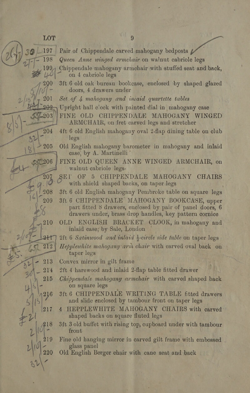 1.197, | Pair of Chippendale carved Pi ona bedposts , os. Queen Anne winged armchair on walnut cabriole legs  of ib yOl- Chippendale mahogany armchair with stuffed seat and back, on 4 cabriole legs . 2 Oe 3ft 6 old oak bureau bookcase, enclosed by shaped glazed 7 Hf doors, 4 drawers under 201 Set of 4 mahogany and iniaid quartette tables    Upright hall c!ock with painted dial in mahogany case F209 FINE OLD CHIPPENDALE MAHOGANY WINGED M he ae ARMCHAIR, on fret carved legs and stretcher } 204 4ft 6 old English mahogany oval 2-flap dining table on club g gany Pp 3 a su | legs a“ nae Hw Old English mahogany barometer in Sek abe and inlaid ; \ 5} 2 case, by A. Martinelli’ $9206 FINE OLD QUEEN ANNE WINGED ARMCHAIR, on walnut cabriole legs. El OF 5 CHIPPENDALE MAHOGANY CHAIRS with shield shaped backs, on taper legs 3ft 6 old English mahogany Pembroke table on square legs 3ft 6 CHIPPENDALE MAHOGANY BOOKCASE, upper part fitted 8 drawers, enclosed by pair of panel doors, 6 drawers under, brass drop handles, key pattern cornice OLD ENGLISH BRACKET CLOOK, in mahogany and inlaid case; by Sale, London 2ft 6 Satinwood and inlaid }-curcle side table on taper legs , Hepplewhite mahogany ‘arm chair with carved oval back on taper legs Convex mirror in gilt frame 2ft 4 harewood and inlaid 2-flap table fitted drawer Chippendale mahogany armchair with carved shaped back on square legs 3ft 6 CHIPPENDALE WRITING TABLE fitted drawers and slide enclosed by tambour front on taper legs ‘1 217. 4 HEPPLEWHITE MAHOGANY CHAIRS with carved  .| shaped backs on square fluted legs 218 3ft 3 old buffet with rising top, suuneer | under with tambour 1) hae front 19 Fine old hanging mirror in carved gilt frame with embossed NI \; glass panel 1220 Old English Berger chair with cane seat and back