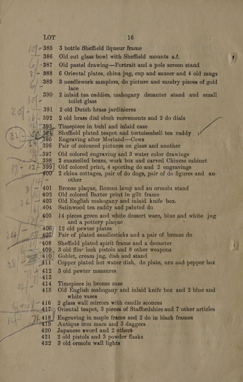  389 3 needlework samplers, do picture and sundry pieces of gold lace - 390 2 inlaid tea caddies, mahogany decanter stand and small toilet glass 2 old Dutch brass jardinieres 2 old brass dial clock movements and 2 do dials _ Timepiece in buhl and inlaid case a Sheffield plated teapot and tortoiseshell tea caddy Engraving after Morland—Cows Pair of coloured pictures on glass and another 402 Old colored Baxter print in gilt frame and a pottery plaque Pair of plated candlesticks and a pair of bronze do 412 3old pewter measures 414 Timepiece in bronze case © 415 Oid English mahogany and inlaid knife box and 2 blue and white vases Antique iron mace and 3 daggers 420 Japanese sword and 2 other’ 421 2 old pistols and 3 powder flasks 422 3 old ormolu wall lights