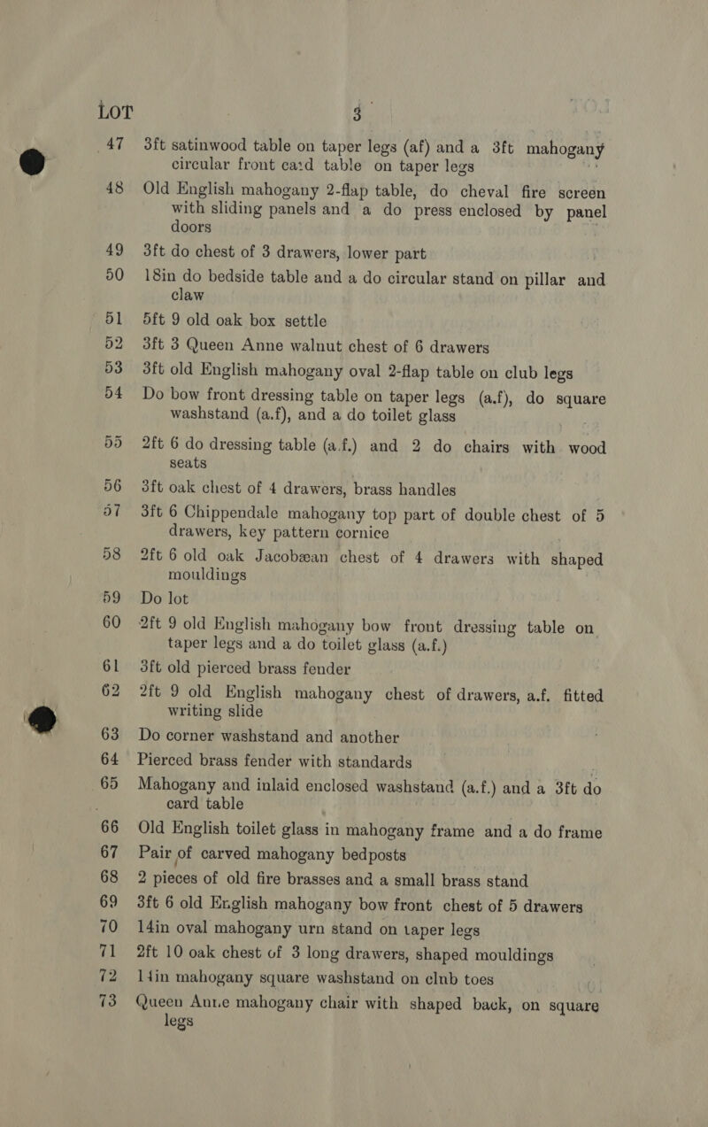 FY 3ft satinwood table on taper legs (af) and a 3ft mahogany circular front catd table on taper legs (ak Old English mahogany 2-flap table, do cheval fire screen with sliding panels and a do press enclosed by panel doors 3ft do chest of 3 drawers, lower part 18in do bedside table and a do circular stand on pillar and claw dft 9 old oak box settle 3dft 3 Queen Anne walnut chest of 6 drawers 3ft old English mahogany oval 2-flap table on club legs Do bow front dressing table on taper legs (a.f), do square washstand (a.f), and a do toilet glass ees 2ft 6 do dressing table (a.f.) and 2 do chairs with wood seats dft oak chest of 4 drawers, brass handles 3it 6 Chippendale mahogany top part of double chest of 5 drawers, key pattern cornice 2ft 6 old oak Jacobean chest of 4 drawers with shaped mouldings Do lot 2ft 9 old English mahogany bow front dressing table on taper legs and a do toilet glass (a.f.) 3ft old pierced brass fender 2ft 9 old English mahogany chest of drawers, a.f, fitted writing slide . Do corner washstand and another Pierced brass fender with standards Mahogany and inlaid enclosed washstand (a.f.) and a 3ft do card table | . Old English toilet glass in mahogany frame and a do frame Pair of carved mahogany bedposts vy 2 pieces of old fire brasses and a small brass stand 3ft 6 old English mahogany bow front chest of 5 drawers 14in oval mahogany urn stand on taper legs 2ft 10 oak chest of 3 long drawers, shaped mouldings liin mahogany square washstand on clnb toes Queen Anne mahogany chair with shaped back, on square
