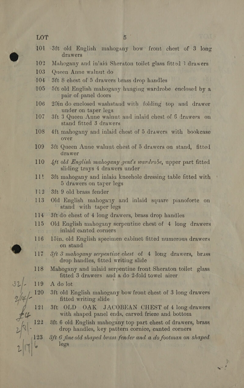  ot Mahogany and in!aia Sheraton toilet glass fitted 3} drawers Qneen Anne walnut do 5ft old English mahogany hanging wardrobe enclosed by a pair of panel doors 3ft 3 Queen Anne walnut and inlaid chest of 6 drawers on stand fitted 3 drawers over 3ft Queen Anne walnut chest of 5 drawers on stand, fitted Aft old English mahogany gent’s wardrode, upper part fitted sliding trays 4 drawers under 3ft mahogany and inlaid kneehole dressing table fitted with 5 drawers on taper legs - stand with taper legs inlaid canted corners ldin. old English specimen cabinet fitted numerous drawers on stand 3ft 3 mahogany serpentine chest of 4 long drawers, brass drop handles, fitted writing slide Mahogany and inlaid serpentine front Sheraton toilet glass fitted 3 drawers and a do 2-fold towel airer A do lot 3ft old English mahogany bow front chest of 3 long drawers fitted writing slide 3ft OLD OAK JACOBEAN CHEST of 4 long drawers with shaped panel ends, carved frieze and bottom 3ft 6 old English mahogany top part chest of drawers, brass drop handles, key pattern cornice, canted corners 3ft 6 fine old shaped brass fender and a do footman on shaped