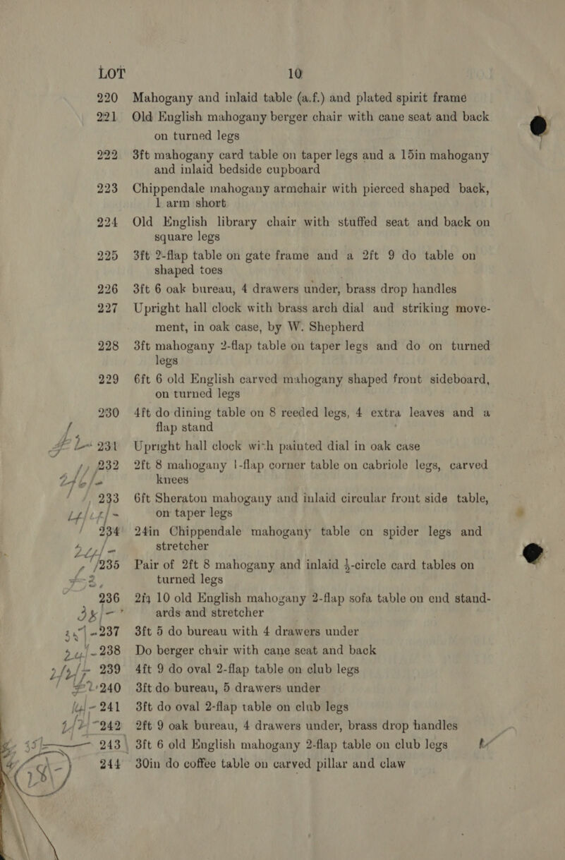  3ft mahogany card table on taper legs and a 15in mahogany and inlaid bedside cupboard 1 arm short Old English library chair with stuffed seat and back on 3ft 2-flap table on gate frame and a 2ft 9 do table on shaped toes 3ft 6 oak bureau, 4 drawers under, brass drop handles Upright hall clock with brass arch dial and striking move- ment, in oak case, by W. Shepherd 3ft mahogany 2-flap table on taper legs and do on turned 6ft 6 old English carved mahogany shaped front sideboard, on turned legs 4ft do dining table on 8 reeded legs, 4 extra leaves and a flap stand Upright hall clock with painted dial in oak case knees 6ft Sheraton mahogany and inlaid circular front side table, on taper legs 24in Chippendale mahogany table on spider legs and stretcher Pair of 2ft 8 mahogany and inlaid 4-circle card tables on turned legs 2f3 10 old English mahogany 2-flap sofa table on end stand- ards and stretcher 3ft 5 do bureau with 4 drawers under Do berger chair with cane seat and back 4ft 9 do oval 2-flap table on club legs 3ft do bureau, 5 drawers under 3ft do oval 2-flap table on club legs 2ft 9 oak bureau, 4 drawers under, brass drop handles 30in do coffee table on carved pillar and claw