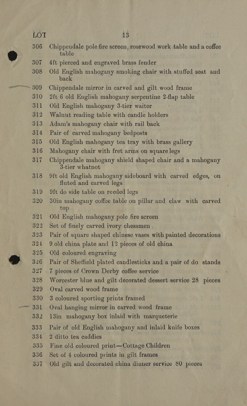 306 Chippendale pole fire screen, rosewood work table and a coffee table 307 4ft pierced and engraved brass fender 308 Old English mahogany smoking chair with stuffed seat and back 309 Chippendale mirror in carved and gilt wood frame 310 2ft 6 old English mahogany serpentine 2-flap table 311 Old English mahogany 3-tier waiter 312 Walnut reading table with candle holders 313 Adam’s mahogany chair with rail back 314 Pair of carved mahogany bedposts 315 Old English mahogany tea tray with brass gallery 316 Mahogany chair with fret arms on square legs 317 Chippendale mahogany shield shaped chair and a mahogany 3-tier whatnot 318 9ft old English mahogany sideboard with carved edges, on fluted and carved legs 319 9ft do side table on reeded legs 320 30in mahogany coffee table on pillar and claw with carved top 21 Old English mahogany pole fire screen 22 Set of finely carved ivory chessmen 323 Pair of square shaped chinese vases with painted decorations 24 9 old china plate and 12 pieces of old china 325 Old coloured engraving 326 Pair of Sheffield plated candlesticks and a pair of do stands 327 7 pieces of Crown Derby coffee service 328 Worcester blue and gilt decorated dessert service 28 pieces 329 Oval carved wood frame 330 3 coloured sporting prints framed ag 331 Oval hanging mirror in carved wood frame 332 13in mahogany box inlaid with marqueterie 333 Pair of old English mahogany and inlaid knife boxes 334 2 ditto tea caddies 335 Fine old coloured print-—Cottage Children 336 Set of 4 coloured prints in gilt frames 337 Old gilt and decorated china dinner service 80 pieces