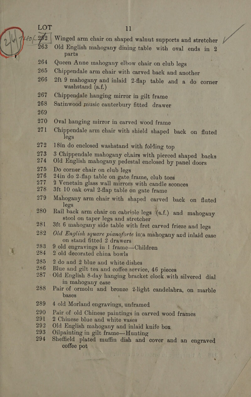  AGM cfr | 11 Winged arm chair on shaped walnut supports and stretcher 2ft 9 mahogany and inlaid 2-flap table and a do corner washstand (a.f.) Satinwood music canterbury fitted drawer 18in do enclosed washstand with folding top Do corner chair on club legs 2 Venetain glass wall mirrors with candle sconces Mahogany arm chair with shaped carved back on fluted Rail back arm chair on cabriole legs (a.f.) and mahogany stool on taper legs and stretcher 3ft 6 mahogany side table with fret carved frieze and legs on stand fitted 2 drawers 9 old engravings in | frame—Children 2 old decorated china bowls 2 do and 2 blue and white dishes Blue and gilt tea and coffee service, 46 pieces in mahogany case bases ' 4 old Morland engravings, unframed Pair of old Chinese paintings in carved wood frames 2 Chinese blue and white vases Old English mahogany and inlaid knife box Oilpainting in gilt frame—Hunting Sheffield plated muffin dish and cover and an engraved coffee pot | a