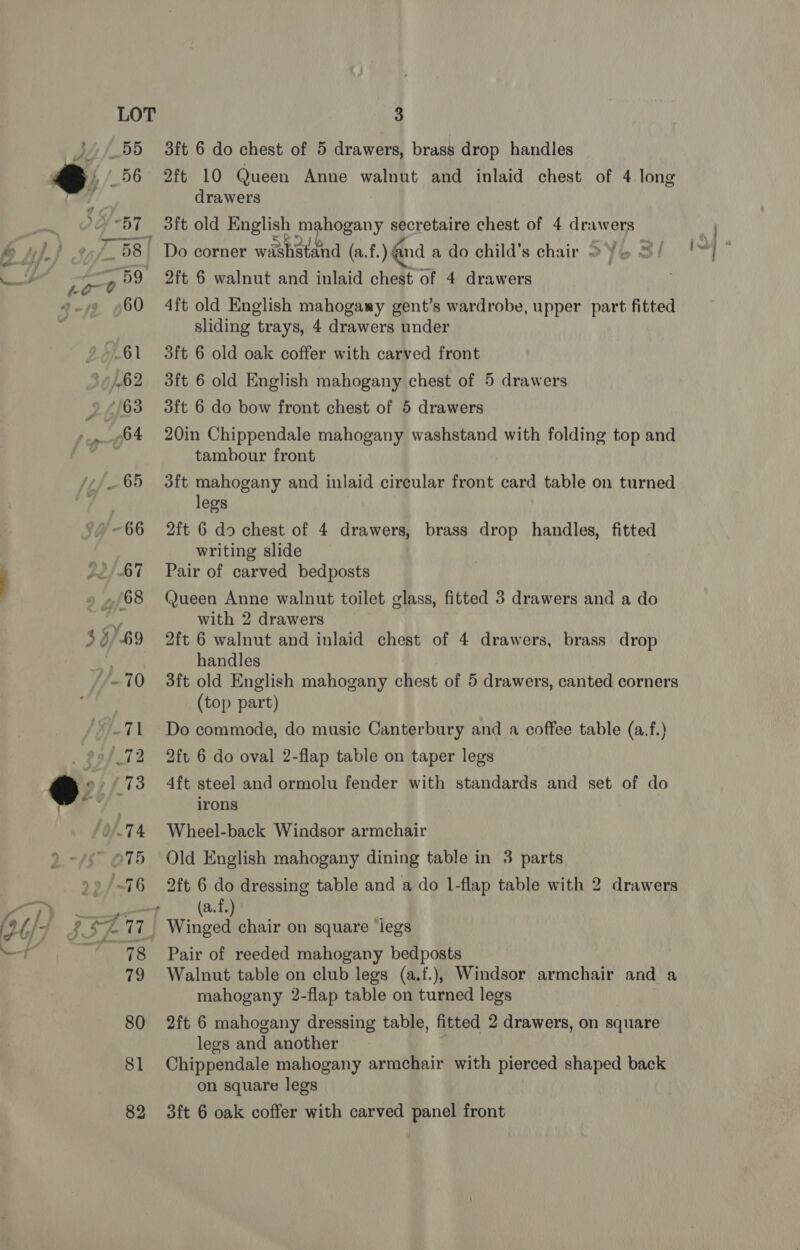 3ft 6 do chest of 5 drawers, brass drop handles 2ft 10 Queen Anne walnut and inlaid chest of 4 long drawers 3ft old English mahogany secretaire chest of 4 drawers 2ft 6 walnut and inlaid chest of 4 drawers 4ft old English mahogamy gent’s wardrobe, upper part fitted sliding trays, 4 drawers under 3ft 6 old oak coffer with carved front 3ft 6 old English mahogany chest of 5 drawers 3ft 6 do bow front chest of 5 drawers 20in Chippendale mahogany washstand with folding top and tambour front 3ft mahogany and inlaid circular front card table on turned legs 2ft 6 do chest of 4 drawers, brass drop handles, fitted writing slide Pair of carved bedposts Queen Anne walnut toilet glass, fitted 3 drawers and a do with 2 drawers 2ft 6 walnut and inlaid chest of 4 drawers, brass drop handles 3ft old English mahogany chest of 5 drawers, canted corners (top part) Do commode, do music Canterbury and a coffee table (a.f.) 2ft 6 do oval 2-flap table on taper legs 4ft steel and ormolu fender with standards and set of do irons Wheel-back Windsor armchair Old English mahogany dining table in 3 parts 2ft 6 do dressing table and a do 1-flap table with 2 drawers (a.f.) Winged chair on square ‘legs Pair of reeded mahogany bedposts Walnut table on club legs (a.f.), Windsor armchair and a mahogany 2-flap table on turned legs 2ft 6 mahogany dressing table, fitted 2 drawers, on square lees and another | Chippendale mahogany armchair with pierced shaped back on square legs 3ft 6 oak coffer with carved panel front