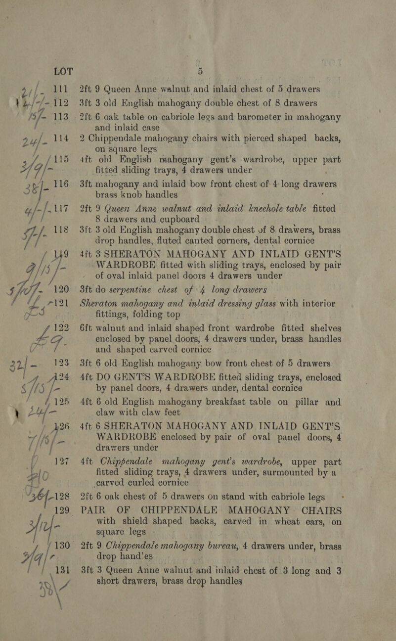 FF the Sof 120 fff 1921 mite ek ADD: 32/— | 5 2ft 9 Queen Anne walnut and inlaid chest of 5 drawers 3ft 3 old English mahogany double chest of 8 drawers 2ft 6 oak table on cabriole legs and barometer in mahogany and inlaid case 2 Chippendale mahogany chairs with pierced shaped backs, on square legs 4ft old English mahogany gent’s wardrobe, fitted sliding trays, 4 drawers under 3ft mahogany and inlaid bow front chest of 4 long drawers brass knob handles 2ft 9 Queen Anne walnut and wmlaid kneehole table fitted 8 drawers and cupboard 3ft 3 old English mahogany double chest uf 8 drawers, brass drop handles, fluted canted corners, dental cornice 4ft 3 SHERATON MAHOGANY AND INLAID GENT’S -WARDROBE fitted with sliding trays, enclosed by pair of oval inlaid panel doors 4 drawers under upper ty 3ft do serpentine chest of 4 long drawers Sheraton mahogany and inlard dressing glass with interior fittings, folding top 6ft walnut and inlaid shaped front wardrobe fitted shelves enclosed by panel doors, 4 drawers under, brass handles and shaped carved cornice 3ft 6 old English mahogany bow front chest of 5 drawers 4ft DO GENTS WARDROBE fitted sliding trays, enclosed — by panel doors, 4 drawers under, dental cornice 4ft 6 old English mahogany breakfast table on pillar and claw with claw feet 4ft 6 SHERATON MAHOGANY AND INLAID GENT’S WARDROBE enclosed by pair of oval panel doors, 4 drawers under 4ft Chippendale mahogany gent’s wardrobe, upper part fitted sliding trays, 4 drawers under, surmounted by a carved curled cornice 2ft 6 oak chest of 5 drawers on stand with cabriole legs with shield shaped backs, square legs - carved in wheat ears, on drop hand'es 3ft 3 Queen Anne walnut and inlaid chest of 3 long and 3 short drawers, brass drop handles