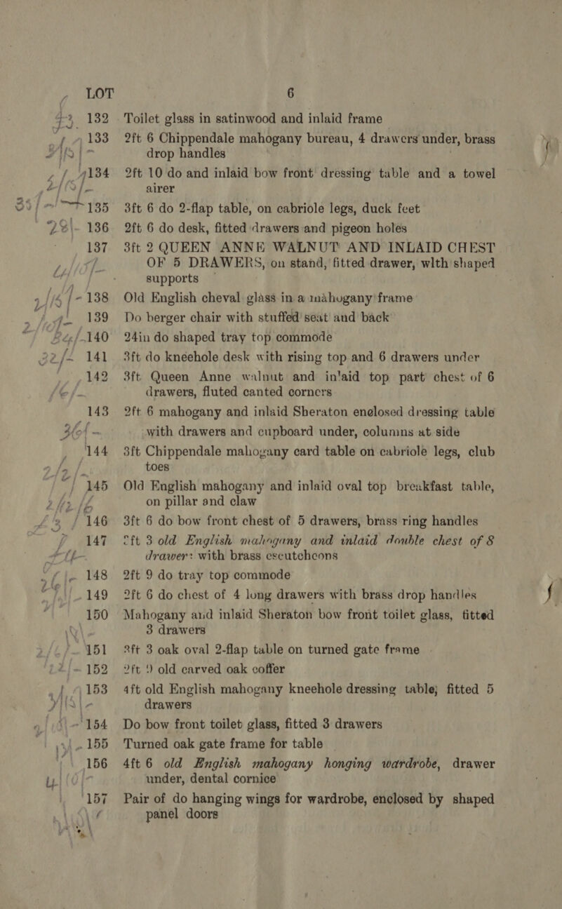 Yo “, &gt;, 4, : 154 6 Toilet glass in satinwood and inlaid frame 2ft 6 Chippendale mahogany bureau, 4 drawers under, brass drop handles 2ft 10 do and inlaid bow front dressing table and a towel airer 3ft 6 do 2-flap table, on cabriole legs, duck feet 2ft 6 do desk, fitted drawers and pigeon holes 3ft 2 QUEEN ANNE WALNUT AND INLAID CHEST OF 5 DRAWERS, on stand, fitted drawer, wlth shaped supports — Old English cheval glass in a mahogany’ frame Do berger chair with stuffed seat and back 24in do shaped tray top commode 3ft do kneehole desk with rising top and 6 drawers under 3ft Queen Anne walnut and in'aid top part chest of 6 drawers, fluted canted corners 2ft 6 mahogany and inlaid Sheraton enelosed dressing table with drawers and cupboard under, columns at side 3ft Chippendale mahogany card table on cabriole legs, club toes Old English mahogany and inlaid oval top breakfast table, on pillar and claw 3ft 6 do bow front chest of 5 drawers, brass ring handles eft 3 old English mahogany and inlaid double chest of 8 drawer: with brass escutchcons 2ft 9 do tray top commode 2ft 6 do chest of 4 long drawers with brass drop handles Mahogany and inlaid Sheraton bow front toilet glass, titted 3 drawers 2ft 3 oak oval 2-flap table on turned gate frame ?ft 9 old carved oak coffer 4ft old English mahogany kneehole dressing table} fitted 5 drawers Do bow front toilet glass, fitted 3 drawers Turned oak gate frame for table — 4ft 6 old English mahogany honging wardrobe, drawer under, dental cornice Pair of do hanging wings for wardrobe, enclosed by shaped panel doors