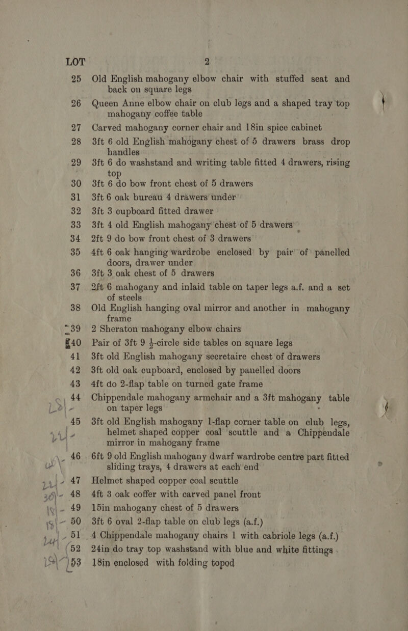 25 26 27 28 29 30 31 32 33 34 35 Old English mahogany elbow chair with stuffed seat and back on square legs Queen Anne elbow chair on club legs and a shaped see ‘top mahogany coffee table Carved mahogany corner chair and 18in spice cabinet 3ft 6 old English mahogany chest of 5 drawers brass drop handles 3ft 6 do washstand and writing table fitted 4 eet rising oft ay bow front chest of 5 drawers 3ft 6 oak bureau 4 drawers under 3ft 3 cupboard fitted drawer 3ft 4 old English mahogany chest of 5 drawers'” 2ft 9 do bow front chest of 3 drawers 4ft 6 oak hanging wardrobe enclosed by pair of’ panelled doors, drawer under 3ft 3 oak chest of 5 drawers 2ft 6 mahogany and inlaid table on taper legs a.f. and a set of steels Old English hanging oval mirror and another in mahogany frame 2 Sheraton mahogany elbow chairs Pair of 3ft 9 4-circle side tables on square legs 3ft old English mahogany secretaire chest of drawers 3ft old oak cupboard, enclosed by panelled doors 4ft do 2-flap table on turned gate frame Chippendale mahogany armchair and a 3ft mahouany table on taper legs 3ft old English mahogany 1-flap corner table on club legs, helmet shaped copper coal ‘scuttle and a Chippendale mirror in mahogany frame sliding trays, 4 drawers at each end Helmet shaped copper coal scuttle 4ft 3 oak coffer with carved panel front 15in mahogany chest of 5 drawers 3ft 6 oval 2-flap table on club legs (a.f.) _4 Chippendale mahogany chairs 1 with cabriole legs (a.f.) 24in do tray top washstand with blue and white fittings . 18in enclosed with folding topod