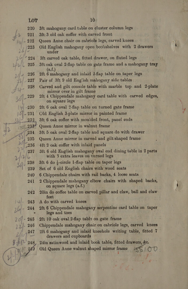 247 . g + he 248 yey  10. 3ft mahogany card tuble on cluster column legs 3ft 3 old oak coffer with carved front Queen Anne chair on cabriole legs, carved knees under | 3ft carved oak table, fitted drawer, on fluted legs 3ft oak oval 2-flap table on gate frame and a mahogany tray (a.f.) Bak 2ft 6 mahogany and inlaid 2-flap table on taper legs Pair of 3ft 9 old Engtish mahogany side tables Carved and gilt console table with marble top and 2-plate mirror over in gilt frame 2ft 4 Chippendale mahogany card table with carved edges, on square legs 2ft 6 oak oval 2-flap table on turned gate frame Old English 3-plate mirror in painted frame 3ft 6 oak coffer with moulded front, panel ends Queen Anne mirror in walnut frame Queen Anne mirror in carved and gilt shaped frame 4ft 2 oak coffer with inlaid panels 3ft 6 old English mahogany oval end dining table in 2 parts with 3 extra leaves on turned legs 3ft 6 do 4-circle 1-flap table on taper legs Set of 6 old English chairs with wood seats 6 Chippendale chairs with rail backs, 4. loose seats 2 Chippendale mahogany elbow chairs with shaped backs, on square legs (a.f.) 20in do coffee table on carved pillar and claw, ball and claw feet A do with carved knees 2ft 6 Chippendale mahogany serpentine card table on taper legs and toes 2ft 10 oak oval.2-flap table on gate frame Chippendale mahogany chair on cabriole legs, carved knees 2ft 6 mahogany and inlaid kneehole writing table, fitted 7 drawers and cupboards 24in satinwood and inlaid book table, fitted drawers, &amp;. Old Queen Anne walnut shaped mirror frame Ve | OD r