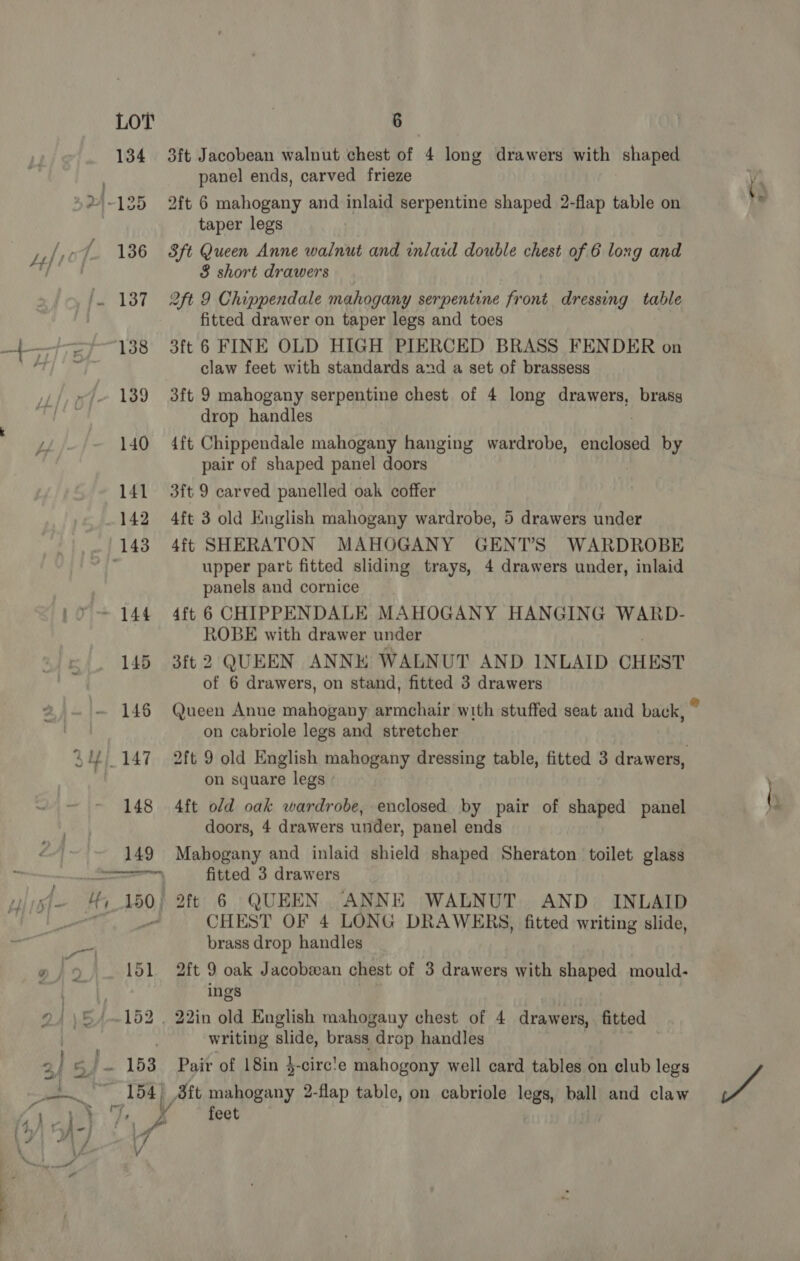so 3ft Jacobean walnut chest of 4 long drawers with shaped panel ends, carved frieze 2ft 6 mahogany and inlaid serpentine shaped 2-flap table on taper legs 3ft Queen Anne walnut and inlaid double chest of 6 long and 2ft 9 Chippendale mahogany serpentine front dressing table fitted drawer on taper legs and toes 3ft 6 FINE OLD HIGH PIERCED BRASS FENDER on claw feet with standards and a set of brassess 3ft 9 mahogany serpentine chest of 4 long drawers, brass drop handles {ft Chippendale mahogany hanging wardrobe, enclosed by pair of shaped panel doors 3ft 9 carved panelled oak coffer 4ft SHERATON MAHOGANY GENT’S WARDROBE upper part fitted sliding trays, 4 drawers under, inlaid panels and cornice 4ft 6 CHIPPENDALE MAHOGANY HANGING WARD- ROBE with drawer under 3ft 2 QUEEN ANNE WALNUT AND INLAID CHEST of 6 drawers, on stand, fitted 3 drawers on cabriole legs and stretcher on square legs 4ft old oak wardrobe, enclosed by pair of shaped panel doors, 4 drawers under, panel ends Mahogany and inlaid shield shaped Sheraton toilet glass fitted 3 drawers CHEST OF 4 LONG DRAWERS, fitted writing slide, brass drop handles 2ft 9 oak Jacobsean chest of 3 drawers with shaped mould- ings writing slide, brass drop handles Pair of 18in }-circ'e mahogony well card tables on club legs feet mg