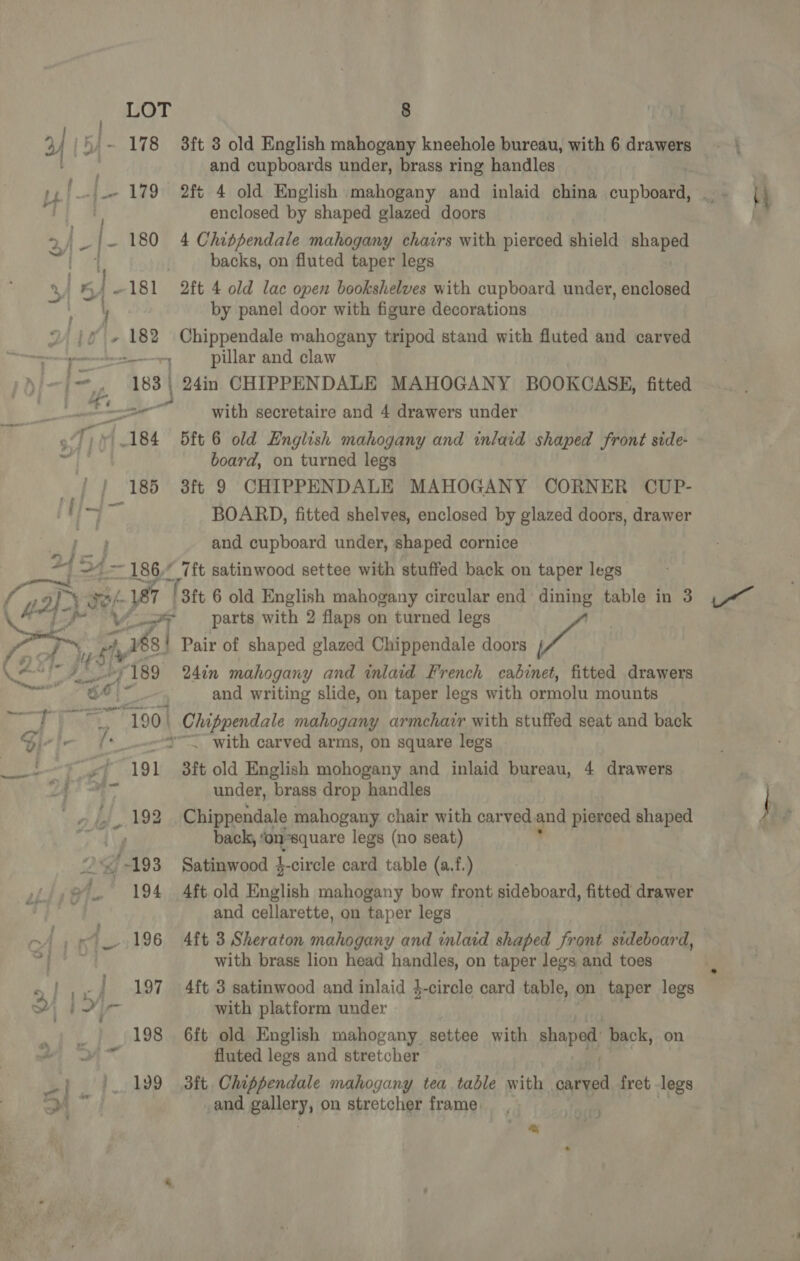ey | 'h)~ 178 3ft 3 old English mahogany kneehole bureau, with 6 drawers | and cupboards under, brass ring handles enclosed by shaped glazed doors ; s |- 180 4 Chispendale mahogany chairs with pierced shield shaped { backs, on fluted taper legs 181 2ft 4 old lac open bookshelves with cupboard under, enclosed by panel door with figure decorations r m » 182 Chippendale mahogany tripod stand with fluted and carved tet pillar and claw poi-1-,, 183 | 24in CHIPPENDALE MAHOGANY BOOKCASE, fitted ance with secretaire and 4 drawers under board, on turned legs / 185 3ft 9 CHIPPENDALE MAHOGANY CORNER CUP- BOARD, fitted shelves, enclosed by glazed doors, drawer ee and cupboard under, shaped cornice fier 24-1867 ft satinwood settee with stuffed back on taper legs Cp2 pope def yar f -3ft 6 old English mahogany circular end dining table in 3 ; fp ral parts with 2 flaps on turned legs   i ra 8! Pair of shaped glazed Chippendale doors | ome 6 BS : 189 24¢n mahogany and inlaid French cabinet, fitted drawers pa ta i a and writing slide, on taper legs with ormolu mounts FP Pt, °190) Chippendale mahogany armchavrr with stuffed seat and back S| ‘i (+ «with carved arms, on square legs '-*~ 191 3ft old English mohogany and inlaid bureau, 4 drawers a under, brass drop handles _,, 192 Chippendale mahogany chair with carved and pierced shaped F back, “on-square legs (no seat) 2/193 Satinwood ‘i circle card table (a.f.) e.. 194 4ft old English mahogany bow front sideboard, fitted drawer and cellarette, on taper legs ~/i 196 4ft 3 Sheraton mahogany and inlaid shaped front sideboard, oq with brass lion head handles, on taper legs and toes he ; 197 4ft 3 satinwood and inlaid $-circle card table, on taper legs i~ with platform under 3 198 6ft old English mahogany settee with ce back, on a) Oh” fluted legs and stretcher &gt; |. 199 3ft Chippendale mahogany tea table with canyed fret legs j and gallery, on stretcher frame babe) 1% ms