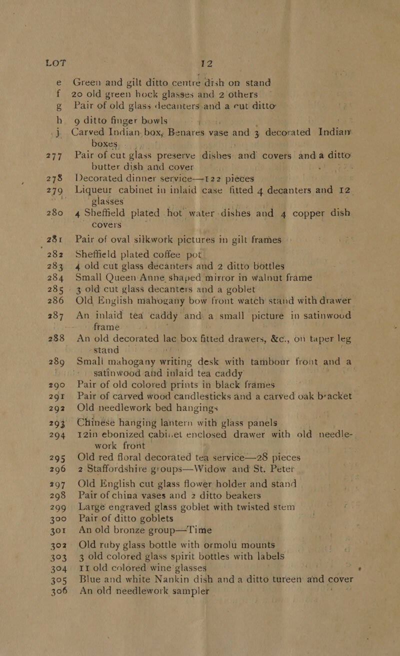 e Green and gilt ditto centre dish on stand f 20 old green hock glasses and 2 others g Pair of old glass decanters.and a eut ditto h 9g ditto finger bowls 4 } Carved Lndian. box, Benares vase and 3 decorated Indian boxes. . 294 Palsomecllt glass preserve dishes and covers anda ditto butter dish and cover 278 Decorated dinner service—t22 pieces 279 Liqueur cabinet in inlaid case fitted 4 decanters a: 12. Be glasses 280 4 Sheffield plated hot water dishes and 4 copper dish covers 281 Pair of oval silkwortk pictures in gilt frames 282 Sheffield plated coffee pot 283 4 old cut glass decanters and 2 ditto bottles 284 Small Queen Anne shaped mirror in walnut frame 285 3 old cut glass decanters and a goblet 286 Old English mahogany bow front watch stand with drawer 287 An inlaid tea caddy and a small picture in satinwood frame 288 An old decorated lag box fitted drawers, &amp;c., on taper leg stand | 289 Smali mahogany Ping desk with tambour front and a_ | satinwood and inlaid tea caddy ; 290 Pair of old colored prints in black frames 29r Pair of carved wood candlesticks and a carved oak bracket 292 Old needlework bed hangings 293 Chinese hanging lantern with glass panels 294 %12in ebonized cabiiet enclosed drawer with old needle- work front 295 Old red floral decorated tea service—28 pieces 296 2 Staffordshire groups—Widow and St. Peter 297 Old English cut glass flower holder and stand 298 Pair of china vases and 2 ditto beakers 299 Large engraved glass goblet with twisted stem 300 Pair of ditto goblets 301 Anold bronze group—Time 302 Old ruby glass bottle with ormolu mounts 303 3 old colored glass spirit bottles with labels 304 IL old colored wine glasses Lé # % 305 Blue and white Nankin dish and a ditto tureen and ¢ cover 306 An old needlework sampler