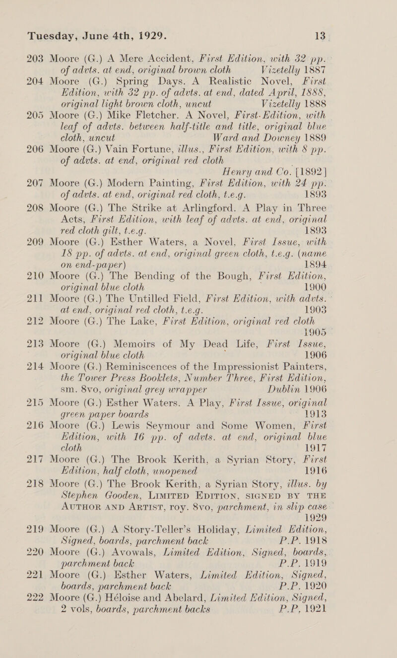 203 Moore (G.) A Mere Accident, First Kdition, with 32:pp.° of advts. at end, original brown cloth Vizetelly 1887 Moore (G.) Spring Days. A Realistic Novel, First Edition, with 32 pp. of advts. at end, dated April, 1888, original light brown cloth, uncut Vizetelly 1888 Moore (G.) Mike Fletcher. A Novel, First. Edition, with — leaf of advts. between half-title and title, original blue cloth, uncut Ward and Downey 1889 of advts. at end, original red cloth Henry and Co. [1892 | of advts. at end, original red cloth, t.e.g. 1893 Moore (G.) The Strike at Arlingford. A Play in Three Acts, First Edition, with leaf of advts. at end, original red cloth gilt, t.e.g. — 1893 Moore (G.) Esther Waters, a Novel, First Issue, with 18 pp. of advts. at end, original green cloth, t.e.g. (name  on end-paper) 1894 Moore (G.) The Bending of the Bough, First Edition, original blue cloth 1900 Moore (G.) The Untilled Field, First Hdition, with advts. ° at end, original red cloth, t.e.g. 1903 Moore (G.) The Lake, First Edition, original red cloth 1905 — Moore (G.) Memoirs of My Dead Life, Furst Issue, original blue cloth 1906 Moore (G.) Reminiscences of the Impressionist Painters, the Tower Press Booklets, Number Three, First Edition, sm. 8vo, original grey wrapper Dublin 1906 Moore (G.) Esther Waters. A Play, First Issue, original green paper boards * 1913 Moore (G.) Lewis Seymour and Some Women, First Kdition, with 16 pp. of advts. at end, original blue cloth POr7 Moore (G.) The Brook Kerith, a Syrian Story, First Edition, half cloth, unopened 1916 Moore (G.) The Brook Kerith, a Syrian Story, lus. by Stephen Gooden, LiMiTED EDITION, SIGNED BY THE AUTHOR AND ARTIST, roy. 8vo, parchment, in slip case. 1929 Moore (G.) A Story-Teller’s Holiday, Limited Edition, Signed, boards, parchment back PoP, 1918 Moore (G.) Avowals, Limited Hdition, Signed, boards,. parchment back Pn OLD Moore (G.) Esther Waters, Limited Hdition, Signed, boards, parchment back PP, 1920 Moore (G.) Héloise and Abelard, Limited Hdition, Signed, 2 vols, boards, parchment backs Pl, Y921