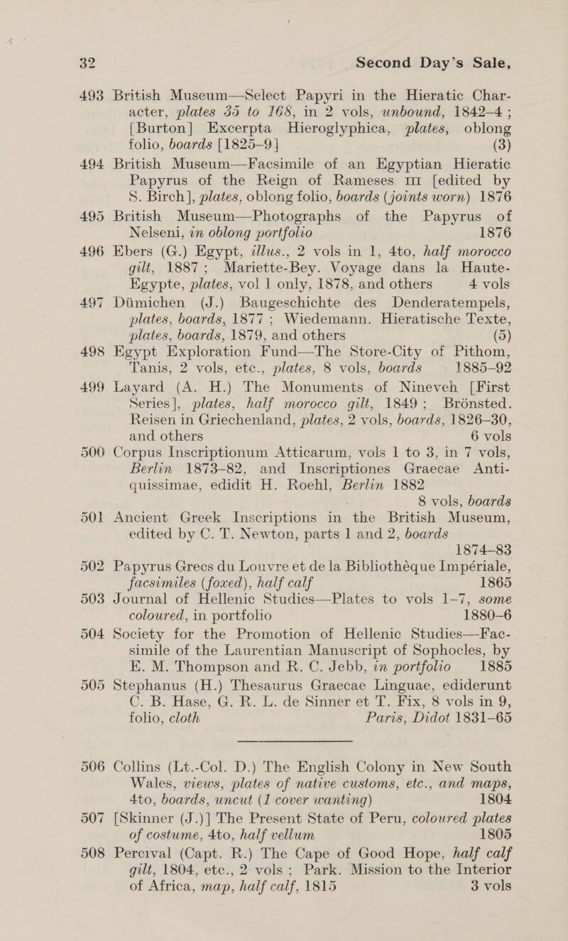 507 508 Second Day’s Sale, British Museum—Select Papyri in the Hieratic Char- acter, plates 35 to 168, in 2 vols, unbound, 1842-4 ; [Burton] Excerpta Hieroglyphica, plates, oblong folio, boards [1825-9 | (3) British Museum—Facsimile of an Egyptian Hieratic Papyrus of the Reign of Rameses ur [edited by S. Birch], plates, oblong folio, boards (joints worn) 1876 Nelseni, in oblong portfolio 1876 Kbers (G.) Egypt, elus., 2 vols in 1, 4to, half morocco gilt, 1887; Mariette-Bey. Voyage dans la Haute- Egypte, plates, vol 1 only, 1878, and others 4 vols Diimichen (J.) Baugeschichte des Denderatempels, plates, boards, 1877 ; Wiedemann. Hieratische Texte, plates, boards, 1879, and others (5) Egypt Exploration Fund—tThe Store-City of Pithom, Tanis, 2 vols, etc., plates, 8 vols, boards 1885-92 Layard (A. H.) The Monuments of Nineveh [First Series], plates, half morocco gilt, 1849; Bronsted. Reisen in Griechenland, plates, 2 vols, boards, 1826-30, and others 6 vols Corpus Inscriptionum Atticarum, vols 1 to 3, in 7 vols, Berlin 1873-82, and Inscriptiones Graecae Anti- quissimae, edidit H. Roehl, Berlin 1882 8 vols, boards Ancient Greek Inscriptions in the British Museum, edited by C. T. Newton, parts 1 and 2, boards 1874-83 Papyrus Grecs du Louvre et de la Bibliothéque Impériale, facsimiles (foxed), half calf 1865 Journal of Heine Studies—Plates to vols 1-7, some coloured, in portfolio 1880-6 Society for the Promotion of Hellenic Studies—Fac- simile of the Laurentian Manuscript of Sophocles, by E. M. Thompson and R. C. Jebb, in portfolio 1885 Stephanus (H.) Thesaurus Graecae Linguae, ediderunt C. B. Hase, G. R. L. de Sinner et T. Fix, 8 vols in 9, folio, cloth Paris, Didot 1831-65 Collins (Lt.-Col. D.) The English Colony in New South Wales, views, plates of native customs, etc., and maps, 4to, boards, uncut (1 cover wanting) 1804 [Skinner (J.)] The Present State of Peru, coloured plates of costume, 4to, half vellum 1805 Percival (Capt. R.) The Cape of Good Hope, half calf gilt, 1804, etc., 2. vols ; Park. Mission to the Interior of Africa, map, half calf, 1815 3 vols