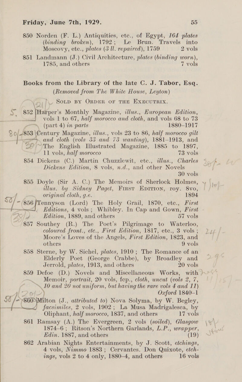 850 Norden (F. L.) Antiquities, etc., of Egypt, 164 plates (binding broken), 1792; Le Brun. Travels into Moscovy, etc., plates (3 Il. repaired), 1759 2 vols 851 Landmann (J.) Civil Architecture, plates (binding worn), 1785, and others 7 vols Books from the Library of the late C. J. Tabor, Esq. (Removed from The White House, Leyton) St if SOLD BY ORDER OF THE EXECUTRIX. 852 |Harper’s Monthly Magazine, illus., Huropean Edition, x vols 1 to 67, half morocco and cloth, and vols 68 to 73 ~ (part 4) wn parts 1880-1917  ¥ ———n and cloth (vols 33 and 73 wanting), 1881-1913, and </ ~The English Illustrated Magazine, 1885 to 1897, 11 vols, half morocco 73 vols 854 Dickens (C.) Martin Chuzzlewit, etc., illus., Charles Dickens Edition, 8 vols, n.d., and other Novels 30 vols 855 Doyle (Sir A. C.) The Memoirs of Sherlock Holmes, illus. by Sidney Paget, First EpIrion, roy. 8vo, original cloth, g.e. 1894 Editions, 4 vols; Whibley. In Cap and Gown, First Edition, 1889, and others 57 vols coloured front., etc., First Hdition, 1817, etc., 3 vols ; Moore’s Loves of the Angels, First Edition, 1823, and others 9 vols 858 Sterne, by W. Sichel, plates, 1910; The Romance of an Elderly Poet (George Crabbe), by Broadley and Jerrold, plates, 1913, and others 20 vols 859 Defoe (D.) Novels and Miscellaneous Works, with » Memoir, portrait, 20 vols, fep., cloth, uncut (vols 2, 7, ye 0 and 20) not uniform, but having the rare vols 4 and 7 i} ) ? of Oxford 1840-1 BODSIton (J., attributed to) Nova Solyma, by W. Begley, Snecee) facsimiles, 2 vols, 1902; La Musa Madrigalesca, by Oliphant, half morocco, 1837, and others 17 vols 861 Ramsay (A.) The Evergreen, 2 vols (soiled), Glasgow 1874-6 ; Ritson’s Northern Garlands, L. P. , wrapper, Edin. 1887, and others (19) 862 Arabian Nights Entertainments, by J. Scott, etchings, 4 vols, Nimmo 1883 ; Cervantes. Don Quixote, etch- ings, vols 2 to 4 only, 1880-4, and others 16 vols