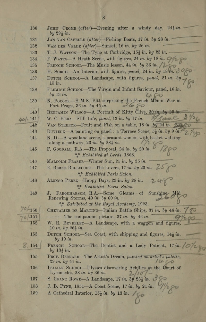 JoHN Crome (after)—Evening after a windy day, 244i.——~— | by 294 in. JAN VAN CAPELLE (after)—Fishing Boats, 17 in. by 28 in. VAN DER VELDE (after)—Sunset, 16 in. by 26 in. ree T. J. Warson—The Tyne at Corbridge, 154 in. by 23 nn. —————— F. Warrs—A Heath Scene, with figures, 24 im. by 18 i. of ba 2s Frencu Scuoor—The Music lesson, 44 in. by 36 in. / 2. H. Sorco—An Interior, with figures, panel, 24 in. by 18'tn. 2 3 OKO DutcH ScHoor—A Landscape, with figures, panel, 21in. by T G0 15 in. ke FLEeMIsH ScHoot—The Virgin and Infant Saviour, panel, 16 in. a a ——e ———< by 13 in. lh Cro N. Pocock—H.M.S. Pitt surprising the French Men-o’-War at Port Praga, 36 in. by 45 in. C6 Fo Brngamin Witson—A Portrait of Kitty Clive, 30- ine DY REA mye es W. C. Hepa—Still Life, panel, 13 in. by 17 in. ZA Cie ck /2¢, Van StreEcCK—Fruit and Fish on a table, 18 in. by: 247 MN. in. Bipeo pe Duvirux—A painting on panel: a Terrace Scene, 54 in. by 9 in. om | 2) N. D.—A woodland scene, a peasant woman with basket walking along a pathway, 23 in. by 284 in. (ft o> #' fe Y F. Goopatt, R.A.—The Proposal, 24 in. by 201.“ fy {7 2 ** Hehibited at Leeds, 1868. v MaLcoum Fraser—Winter Sun, 25 in. by 35 in, E. BerNE BELLECOUR—The Lovers, 17 in. by 23 in. ZS D em ** Hahibited Paris Salon. ALONSO PEREz—Happy Days, 23 i. by 28in. 3. be nd ** Exhibited Paris Salon. v J. FarquHarson, R.A.-—Some Gleams. of Suns Peo aon i/ Renewing Storms, 40 in. by 60 i. ** Haehibited at the Royal Academy, 1923. __ pra ee Peace DE Martrno—ltalian Battle Ships, 37 in. by 46 m. 7 Le. The companion picture, 37 in. by 46in. ofa GO heat W. R. Brevertey—A Landscape, with a waggon and figures, 10 im. by 264 im. DutcH ScHoor—Sea Coast, with shipping and figures, ae —— by 19 wn. amen FreNcH ScHoot—The Dentist and a Lady Patient, 17 in. 787, ty. by 134 i. Pror. Bernarp—The Artist’s Dream, painted on artist’s palette,  29 in. by 41 an. [le Co Irar1an ScHoor—Ulysses discovering Achilles. at the Gourt of Lycomedes, 28 in. by 36 in. 23 ‘a/ S. Grant RowE—A Landscape, 17 in. by 234 4 in. aT K ~ J. B, Pynz, 1851—A Coast Scene, 17 in. by 21 in. 4s oP A Cathedral Interior, 154 in. by 18 in. 4 Co a 6 } r™ OU