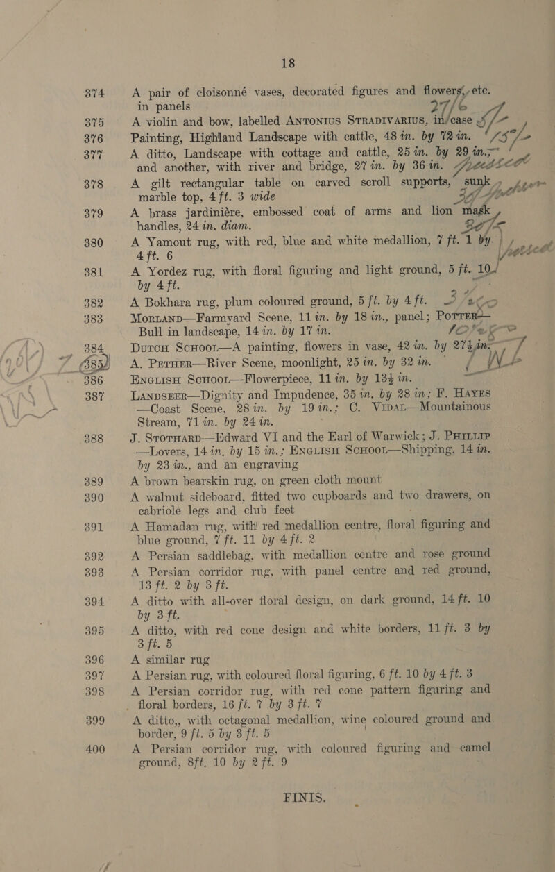 A pair of cloisonné vases, decorated figures and flower ‘ie: Painting, Fiend Landscape with cattle, 48 in. by 72 in. A ditto, Landscape with cottage and cattle, 25 in. by 29 m.&gt;~ and another, with river and bridge, 27 in. by 36 in. acess in panels 27, A violin and bow, labelled ANTONIUS STRADIVARIUS, df case we Ps | of- A gilt rectangular table on carved scroll supports, nerbte top, ait. 3 wide Pah iD Bhi” A brass jardiniére, embossed coat of arms and lion magk handles, 24 in. diam. be, A Yamout rug, with red, blue and white medallion, 7 ft. 1 by hy a 4 ft. 6 Vea A Yordez rug, with floral figuring and light ground, 5 a 10. } by 4 ft. A Bokhara rug, plum coloured ground, 5 ft. by 4 ft. o3. Cx Mortanp—Farmyard Scene, 11 in. by 18 %n., panel; Potrae— Bull in landscape, 14 in. by 17 in. 10O%% &amp; DutcH ScHoor—A painting, flowers in vase, 42 in. by 27h in. 4 A. PETHER—River Scene, moonlight, 25 in. by 32 in. W é EncuisH ScHoor—Flowerpiece, 11 in. by 134 in. LANDSEER—Dignity and Impudence, 35 in. by 28 in; F. HAYES —Coast Scene, 28%in. by 19% oth,» Ge Vipat—Mountainous Stream, 71lin. by 24m. J. Srormarp-—Edward VI and the Earl of Warwick; J. PHILLIP —Lovers, 14 in, by 15 in.; ExetisH ScHoor—Shipping, 14 im. by 23 %m., and an engraving A brown \ eee rug, on green cloth mount A walnut sideboard, fitted two cupboards and two drawers, on cabriole legs and club feet A Hamadan rug, with red medallion centre, oll figuring and blue ground, 7 ft. 11 by 4 ft. 2 A Persian saddlebag, with medallion centre and rose ground A Persian corridor rug, with panel centre and red ground, 13 ft. 2 by 3 ft. A ditto with all-over floral design, on dark ground, 14 ft. 10 by 3 ft. A ditto, with red cone design and white borders, 11 ft. 3 by 3 ft. 5 A similar rug A Persian rug, with coloured floral figuring, 6 ft. 10 by 4 ft. 3 A Persian corridor rug, with red cone pattern figuring and eae coll A ditto,, with octagonal medallion, wine coloured ground and border, 9 ft. 5 by 3 it. 5 A Persian corridor rug, with coloured figuring and camel ground, 8ft. 10 by 2ft. 9 FINIS.