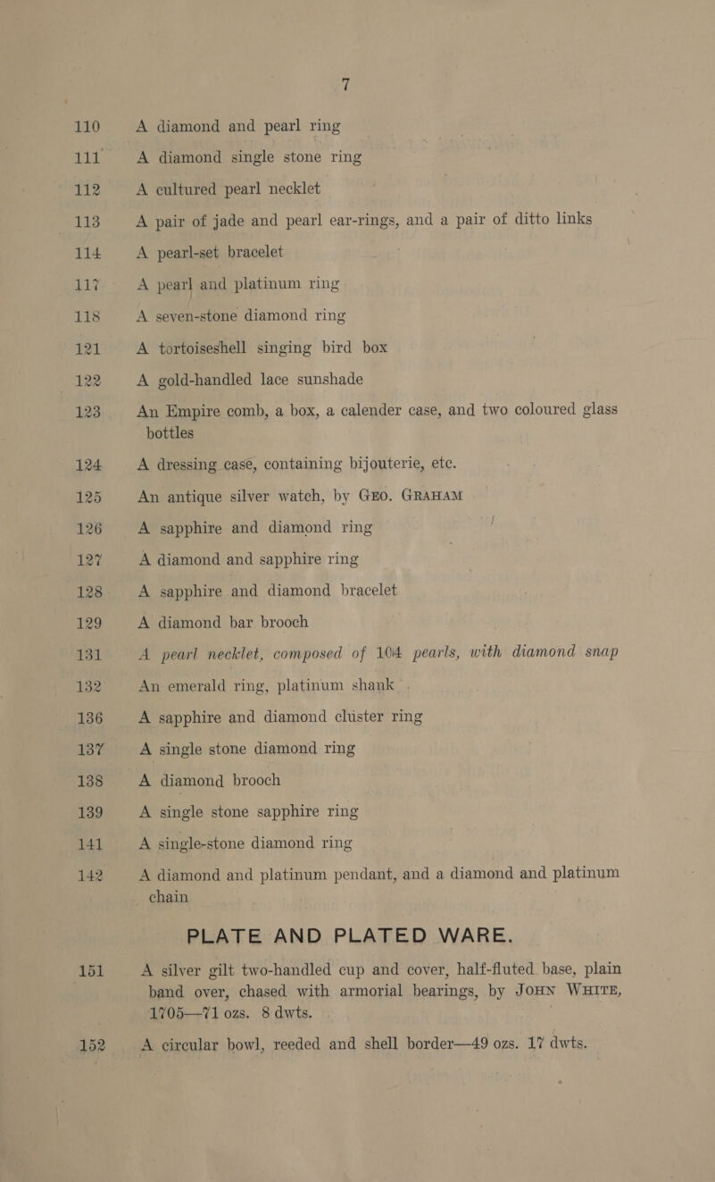 152 A diamond and pearl ring A diamond single stone ring A cultured pearl necklet A pair of jade and pearl ear-rings, and a pair of ditto links A pearl-set bracelet A pearl and platinum ring A seven-stone diamond ring A tortoiseshell singing bird box A gold-handled lace sunshade An Empire comb, a box, a calender case, and two coloured glass bottles A dressing case, containing bijouterie, etc. An antique silver watch, by Gzo. GRAHAM A sapphire and diamond ring A diamond and sapphire ring A sapphire and diamond bracelet A diamond bar brooch A pearl necklet, composed of 104 pearls, with diamond snap An emerald ring, platinum shank . A sapphire and diamond cluster ring A single stone diamond ring A diamond brooch A single stone sapphire ring A single-stone diamond ring A diamond and platinum pendant, and a diamond and platinum chain PLATE AND PLATED WARE. A silver gilt two-handled cup and cover, half-fluted. base, plain band over, chased with armorial bearings, by JOHN WHITE, A circular bowl, reeded and shell border—49 ozs. 17 dwts.