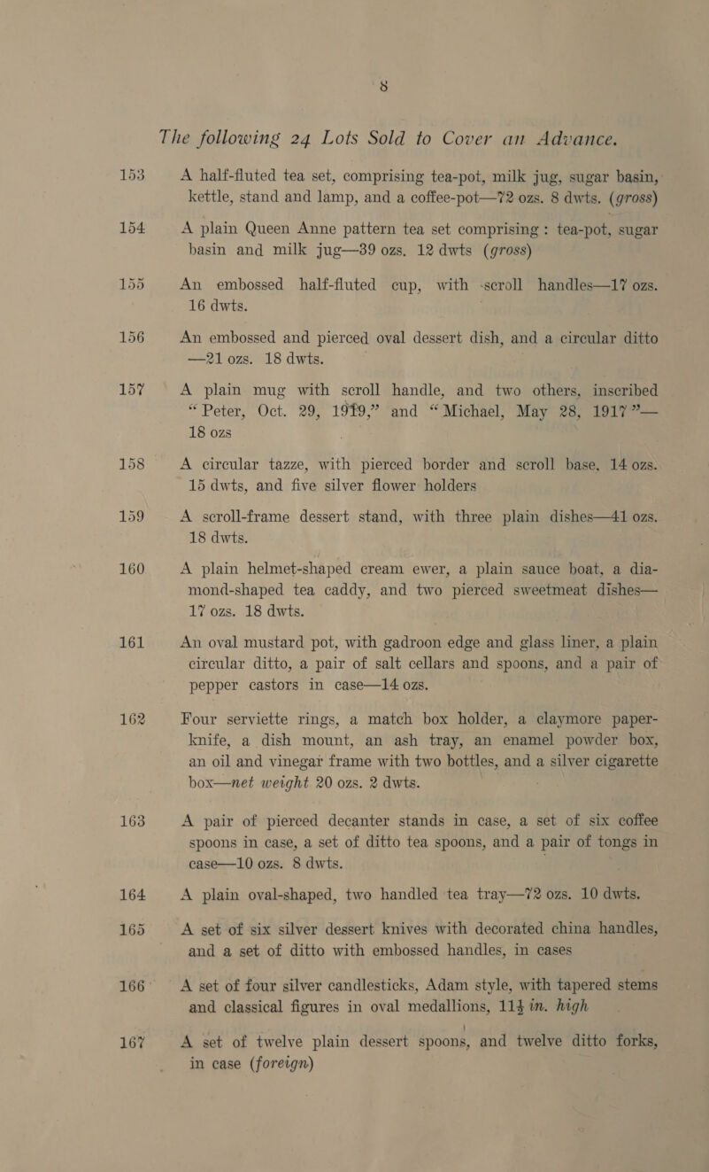The following 24 Lots Sold to Cover an Advance. 153 A half-fluted tea set, comprising tea-pot, milk jug, sugar basin, kettle, stand and lamp, and a coffee-pot—72 ozs. 8 dwts. (gross) 154 A plain Queen Anne pattern tea set comprising : tea-pot, sugar basin and milk jug—39 ozs. 12 dwts (gross) 155 An embossed half-fluted cup, with -scroll handles—1? ozs. 16 dwts. | 156 An embossed and pierced oval dessert dish, and a circular ditto —21 ozs. 18 dwts. Loy A plain mug with scroll handle, and two others, inscribed “Peter, Oct. 29, 1979, and “Michael, May 28, 1917 ”— 18 ozs | 158 A circular tazze, with pierced border and scroll base, 14 ozs. 15 dwts, and five silver flower holders 159 A scroll-frame dessert stand, with three plain dishes—41 ozs. 18 dwts. 160 A plain helmet-shaped cream ewer, a plain sauce boat, a dia- mond-shaped tea caddy, and two pierced sweetmeat dishes— 17 ozs. 18 dwts. 161 An oval mustard pot, with gadroon edge and glass liner, a plain circular ditto, a pair of salt cellars and spoons, and a pair of pepper castors in case—14 ozs. 162 Four serviette rings, a match box holder, a claymore paper- knife, a dish mount, an ash tray, an enamel powder box, an oil and vinegar frame with two bottles, and a silver cigarette box—net weight 20 ozs. 2 dwts. : 163 A pair of pierced decanter stands in case, a set of six coffee spoons in case, a set of ditto tea spoons, and a pair of tongs in case—10 ozs. 8 dwts. 164 A plain oval-shaped, two handled tea tray—72 ozs. 10 dwts. 165 A set of six silver dessert knives with decorated china handles, and a set of ditto with embossed handles, in cases 166° A set of four silver candlesticks, Adam style, with tapered stems and classical figures in oval medallions, 114 in. high 167 A set of twelve plain dessert spoons, and twelve ditto forks, in case (foreign)