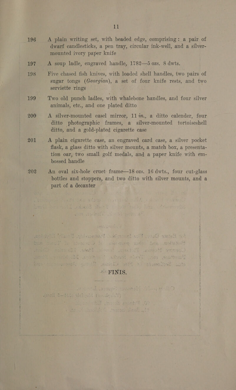 196 197 198 200 201 202 11 A plain writing set, with beaded edge, comprising: a pair of dwarf candlesticks, a pen tray, circular ink-well, and a silver- mounted ivory paper knife A soup ladle, engraved handle, 1782—45 ozs. 8 dwts. Five chased fish knives, with loaded shell handles, two pairs of sugar tongs (Georgian), a set of four knife rests, and two serviette rings Two old punch ladles, with whalebone handles, and four silver animals, etc., and one plated ditto A silver-mounted easel mirror, 11%im., a ditto calender, four ditto photographic frames, a_ silver-mounted tortoiseshell ditto, and a gold-plated cigarette case A plain cigarette case, an engraved card case, a silver pocket flask, a glass ditto with silver mounts, a match box, a presenta- tion oar, two small golf medals, and a paper knife with em- bossed handle An oval six-hole cruet' frame—18 ozs. 16 dwts., four cut-glass _ bottles and stoppers, and two ditto with Her mounts, and a part of a Hohe -ilg* *:' FINIS.