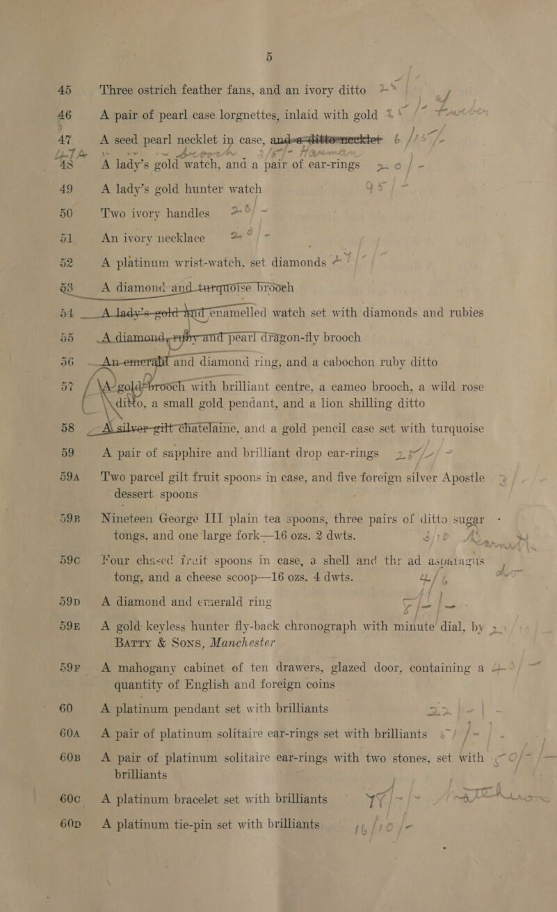  -_ » -. (= 4 i, ae ae A lady’s gold hunter watch Two ivory handles 2° ~ An ivory necklace 2° A platinum wrist-watch, set diamonds ¢ A diamonc-an   Oise brooeh  } a“ ae pearl dragon-fly brooch BUA ae ‘and diamond ring, anda cabochon ruby ditto 57 ooch w ith Patiant centre, a cameo brooch, a wild rose ditto, a small gold pendant, and a lion shilling ditto 58 and a gold pencil case set with turquoise 59 A pair of sapphire and brilliant drop ear-rings 2, 6“/— 594 '‘T'wo parcel gilt fruit spoons in case, and five foreign silver Apostle dessert spoons 59R tere George III plain tea spoons, three pairs of ditto sugar tongs, and one large fork—16 ozs. 2 dwts. S12 : 59c =: Four chased Trait spoons in case, a shell and thr ad aspalAagils tong, and a cheese scoop—l16 ozs. 4 dwts. 4L/ 59D A diamond and cmerald ring od t a: 59E A gold keyless hunter fly-back chronograph with minute dial, by » Batry &amp; Sons, Manchester 59r A mahogany cabinet of ten drawers, glazed door, containing a — quantity of English and foreign coins 60 A platinum pendant set with brilliants oo iy 604 A pair of platinum solitaire ear-rings set with brilliants /~ 60B A pair of platinum solitaire ear-rings with two stones, set with brilliants 5 60c A platinum bracelet set with brilliants A es 4)