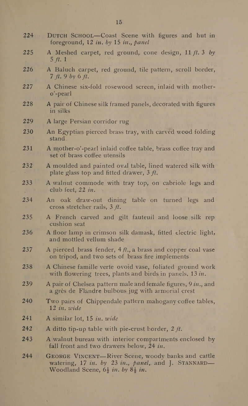 DuTCH SCHOOL—Coast Scene with figures and hut in foreground, 12 in. by 15 in., panel A Meshed carpet, red ground, cone design, 11 ft. 3 by we ; A Baluch carpet, red ground, tile pattern, scroll border, 7 ft. 9 by 6 ft. A Chinese six-fold rosewood screen, inlaid with mother- o’-pear] A pair of Chinese silk framed panels, decorated with figures in silks A large Persian corridor rug An Egyptian pierced brass tray, with carved wood folding stand | A mother-o’-pearl inlaid coffee table, brass coffee tray and set of brass coffee utensils A moulded and painted oval table, lined watered silk with plate glass top and fitted drawer, 3 ft. A walnut commode with tray top, on cabriole legs and club feet, 22 in. . An oak draw-out dining table on turned legs and cross stretcher rails, 3 ff. A French carved and gilt fauteuil and loose silk rep cushion seat A floor lamp in crimson silk damask, fitted clectric light, and mottled vellum shade A pierced brass fender, 4/f.,a brass and copper coal vase on tripod, and two sets of brass fire implements A Chinese famille verte ovoid vase, foliated ground work with flowering trees, plants and birds in panels, 13 im. A pair of Chelsea pattern male and female figures, 9.i7., and a grés de Flandre bulbous jug with armorial crest Two pairs of Chippendale pattern mahogany coffee tables, 12 in. wide } A similar lot, 15 in. wide A ditto tip-up table with pie-crust border, 2 /t. A walnut bureau with interior compartments enclosed by fall front and two drawers below, 24 in. GEORGE VINCENT—River Scene, woody banks and cattle watering, 17 in. by 23 in., panel, and J. STANNARD— Woodland Scene, 64 im. by 84 in.