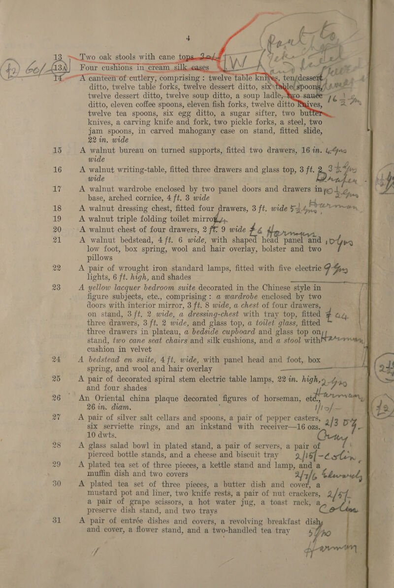 31   “A canteen of cutlery, comprising : twelve table knit ditto, twelve table forks, twelve dessert ditto, six twelve dessert ditto, twelve soup ditto, a soup ladle,- twelve tea spoons, six egg ditto, a sugar sifter, two bu knives, a carving knife and fork, two pickle forks, a steel, two jam spoons, in carved mahogany case on stand, fitted slide, 22 in. wide A walnut bureau on turned supports, fitted two drawers, 16 in. baa wide A walnut writing-table, fitted three drawers and glass top, 3 ft. ps? D. i wide A walnut wardrobe enclosed by two panel doors and drawers info + a _ base, arched cornice, 4 ft. 3 wide ‘iy A walnut dressing chest, fitted four drawers, 3 ft. wide = a Aone Pein hile a A walnut triple folding toilet mirro low foot, box spring, wool and hair overlay, bolster and two pillows : A pair of wrought iron standard lamps, fitted with five electric GG A yellow lacquer bedroom sutte decorated in the Chinese style in iy figure subjects, etc., comprising: a wardrobe enclosed by two doors with interior mirror, 3 ft. 8 wide, a chest of four drawers, on stand, 3 ft. 2 wide, a dressing-chest with tray top, fitted ¢ 4 4. three drawers, 3 ft. 2 wide, and glass top, a toilet glass, fitted three drawers in plateau, a bedside cupboard and glass top on stand, two cane seat chavrs and silk cushions, and a stool with ray | cushion in velvet | A bedstead en suite, 4ft. wide, with panel head and foot, box spring, and wool and hair overlay oe ee A pair of decorated spiral stem electric table lamips, 22 in. high,» 4y i . and four shades ; An Oriental china plaque decorated figures of horseman, e ona) 26 im. dram. tof — A pair of silver salt cellars and spoons, a pair of pepper casters, a3 DG  six serviette rings, and an inkstand with receiver—16 ozs. 10 dwts. A glass salad bowl in plated stand, a pair of servers, a pair of pierced bottle stands, and a cheese and biscuit tray 2/18] - ~2.Stease A plated tea set of three pieces, a kettle stand and aig and 2 muffin dish and two covers a/2 b bherarnely A plated tea set of three pieces, a butter dish and cove mustard pot and liner, two knife rests, a pair of nut oneieaie FT. a pair of grape scissors, a hot water jug, a toast rack, a : preserve dish stand, and two trays A pair of entrée dishes and covers, a revolving breakfast dia and cover, a flower stand, and a two- handled tea tray 4 i | ; 