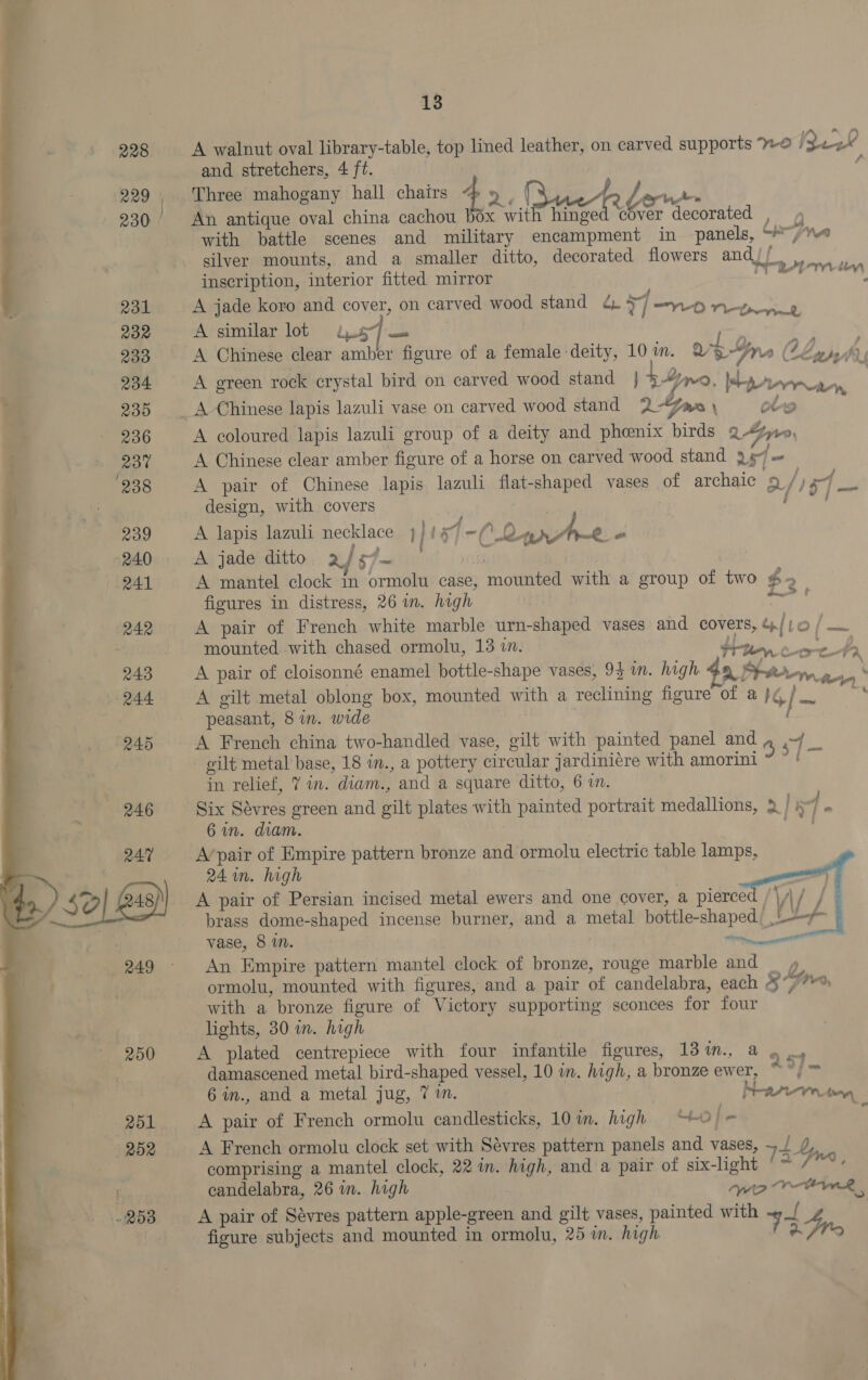  18 A walnut oval library-table, top lined leather, on carved supports 70 inl and stretchers, 4 ft. f An antique oval china cachou box with hinged cover decorated , a with battle scenes and military encampment in panels, “/%v silver mounts, and a smaller ditto, decorated flowers and// : - . ‘ : . TT nt PTL tien inscription, interior fitted mirror of a . j hen A jade koro and cover, on carved wood stand &amp; J/=wo rw ne A similar lot ip.577 . . 1a gs A Chinese clear amber figure of a female deity, 10m. 2 ar hes CPTTN A green rock crystal bird on carved wood stand | Yr, b-pr / YYW, A coloured lapis lazuli group of a deity and phoenix birds 2 Lyn. A Chinese clear amber figure of a horse on carved wood stand 367 = A pair of Chinese lapis lazuli flat-shaped vases of archaic 2/) a ee design, with covers oi, ae A lapis lazuli necklace }) 157 ~( \ Qanrvh-e 8 A jade ditto. afrf~ . A mantel clock in ormolu case, mounted with a group of two ¢~ figures in distress, 26 im. high a I A pair of French white marble urn-shaped vases and covers, oN o/— mounted with chased ormolu, 13 i. den, tre th A pair of cloisonné enamel bottle-shape vases, 94 wn. high 4a Sar mina A gilt metal oblong box, mounted with a reclining figure of a Gf Clas, peasant, 8 in. wide A French china two-handled vase, gilt with painted panel and 4 i gilt metal base, 18 in., a pottery circular jardinicre with amorini ” ~ ! in relief, 7 in. diam., and a square ditto, 6 an. Six Savres green and gilt plates with painted portrait medallions, 2 | y/ . 6 in. diam. a A’pair of Empire pattern bronze and ormolu electric table lamps, 24 im. high A pair of Persian incised metal ewers and one cover, a pierced /\s\/ / brass dome-shaped incense burner, and a metal bottle-shaped, =~ vase, 8m. Pane An Empire pattern mantel clock of bronze, rouge marble and» ormolu, mounted with figures, and a pair of candelabra, each Pal prr. with a bronze figure of Victory supporting sconces for four lights, 30 in. high A plated centrepiece with four infantile figures, 13 %in., a PY) damascened metal bird-shaped vessel, 10 in. high, a bronze ewer, ~*~) ™ 6in., and a metal jug, 7m. | N-Arerr tien A pair of French ormolu candlesticks, 101m. high “-O/ ~ ‘ A French ormolu clock set with Sévres pattern panels and vases, 7 1g comprising a mantel clock, 22 m. high, and a pair of six-light SO ited candelabra, 26 in. high nie 1’ , A pair of Sévres pattern apple-green and gilt vases, painted with 3 figure subjects and mounted in ormolu, 25 in. high 2s