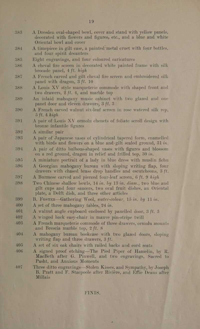 is A Dresden oval-shaped bowl, cover and stand with yellow panels, decorated with flowers and figures, etc., and a blue and white Oriental bowl and cover A timepiece in gilt case, a painted’ metal cruet with four bottles, and four spirit decanters Hight engravings, and four coloured caricatures A cheval fire screen in decorated white painted frame with silk brocade panel, 4 ft. high . A French carved and gilt cheval fire screen and embroidered silk panel with dragon, 3 ft. 10 A Louis XV style marqueterie commode with shaped front and two drawers, 2 ft. 4, and marble top An inlaid mahogany music cabinet with two glazed and one panel door and eleven drawers, 3 ft. 3 A French carved walnut six-leaf screen in rose watered silk rep, 5 ft. 4 high — A pair of Louis XV ormolu chenets of foliate scroll design with bronze infantile figures A similar pair — A pair of Japanese vases of cylindrical tapered form, enamelled with birds and flowers on a blue and:gilt scaled ground, 31 in. A pair of ditto bulbous-shaped vases with figures and blossom on a red ground, dragon in relief and frilled top, 30 in. | A miniature portrait of a lady in blue dress with muslin fichu A Georgian mahogany bureau with sloping writing flap, four drawers with chased brass drop handles and escutcheons, 3 ft. A Burmese carved and pierced four-leaf screen, 6 ft. 9 high Two Chinese shallow bowls, 14 in. by 13: in. diam., two blue and gilt cups and four saucers, two oval fruit dishes, an Oriental plate, a Delft dish, and three other articles B. Foster—Gathering Wool, water-colour, 15 in. by 11 in. A set of three mahogany tables, 24 in. A walnut angle cupboard enclosed by panelled door, 3 ft. 3 A winged back easy-chair in mauve pin-stripe twill A French marqueterie commode of three drawers, ormolu mounts and Brescia marble top, 2 ft. § A mahogany bureau bookcase with two glazed doors, sloping writing flap and three drawers, 3 ft. A set of six oak chairs with railed backs and cord seats A signed proof etching—The Pied Piper of Hamelin, by R. MacBeth after G. Pinwe ll, and two engravings, Saered to Pasht, and Anxious Moments Three ditto engravings-——Stolen Kisses. and Sympathy, by Joseph B. Pratt and F. Stacpoole after Riviere, and Effie Deans after Millais FINIS.