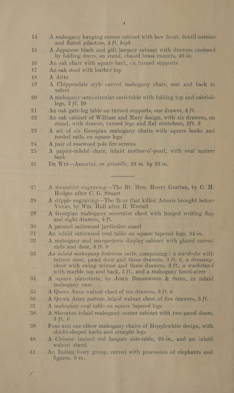 A mahogany hanging corner cabinet with bow front, dentil cornice’ and fluted pilasters, 4 ft. high A Japanese black and gilt lacquer cabinet with drawers enclosed by folding doors, on stand, chased brass mounts, 40 in. An oak chair with square back, cn turned supports An oak stool with leather top A ditto A Chippendale style carved mahogany chair, seat and back im velvet A mahogany semi-circular card-table with folding top and cabriole legs, 2 ft. 10 An oak gate-leg table on turned supports, one drawer, 4 ft. An oak cabinet of William and Mary design, with six drawers, on stand, with drawer, turned legs and flat stretchers, 3ft. 3 A set of six Georgian mahogany chairs with square backs and reeded rails, on square legs A pair of rosewood pole fire screens A papier-maché chair, inlaid mother-o’-pearl, with oval mirror back Dr Wir—Amorini, en grisaille, 28 m. by 33 in. A mezzotint engraving—The Rt. Hon. Henry Grattan, by C. H. Hodges after C. G. Stuart | A stipple engraving—The Bear that killed Adonis brought before Venus, by. Wm. Hall after R. Westall A Georgian mahogany secretaire chest with hinged writing flap and eight drawers, 4 ft. A painted satinwood jardiniere stand An inlaid satinwood oval table on square tapered legs, 34 in. A mahogany and marqueterie display cabinet with glazed curved ends and door, 4 ft. 8 An inlaid mahogany bedroom suite, comprising: a wardrobe with mirror door, panel dcor and three drawers, 3 ft. 6, a dressing- chest with swing mirror and three drawers, 3 ft., a washstand with marble top and back, 3 ft., and a mahogany towel-airer A square pianoforte, by JoHN Broapwoop &amp; Sons, in inlaid mahogany case A Queen Anne walnut chest of ten drawers, 3 ft. 6 A mahogany oval table on square tapered legs A Sheraton inlaid mahogany corner cabinet with two panel doors, D ftieeb Four and one elbow mahogany chairs of Hepplewhite design, with shield-shaped backs and straight legs A Chinese incised red lacquer side-table, 24%n., and an inlaid walnut stand An Indian ivory group, carved with procession of elephants and figures, 8 in. 