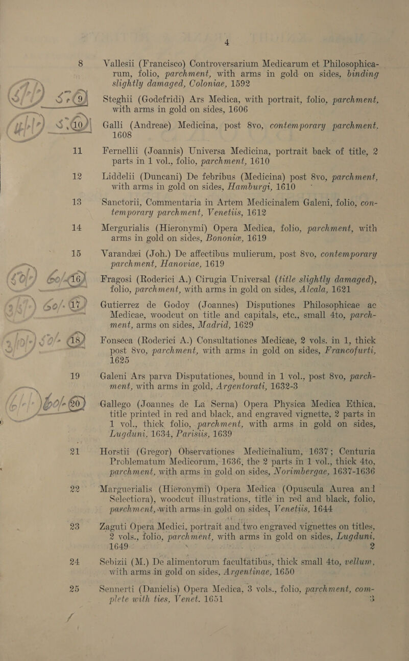 21 22 23 20 4 Vallesii (Francisco) Controversarium Medicarum et Philosophica- rum, folio, parchment, with arms in gold on sides, binding slightly damaged, Coloniae, 1592 Steghii (Godefridi) Ars Medica, with portrait, folio, parchment, with arms in gold on sides, 1606 Galli (Andreae) Medicina, post 8vo, contemporary parchment. 1608 Fernellii (Joannis) Unseae Medicina, portrait ack of title, 4 parts in 1 vol., folio, parchment, 1610 Liddelii (Duncani) De febribus (Medicina) post 8vo, parchment, with arms in gold on sides, Hamburg1, 1610 ~ Sanctorii, Commentaria in Artem Medicinalem Galeni, folio, con- temporary parchment, Venetus, 1612 Mergurialis (Hieronymi) Opera Medica, folio, parchment, with arms in gold on sides, Bononie, 1619 Varandei (Joh.) De affectibus mulierum, post 8vo, contemporary parchment, Hanoviae, 1619 Fragosi (Roderici A.) Cirugia Universal (title slightly damaged), folio, parchment, with arms in gold on sides, Alcala, 1621 Gutierrez de Godoy (Joannes) Disputiones Philosophicae ae Medicae, woodcut on title and capitals, etc., small 4to, parch- ment, arms on sides, Madrid, 1629 Fonseca (Roderici A.) Consultationes Medicae, 2 vols. in 1, thick post 8vo, parchment, with arms in gold o: on sides, Francofurti, 1625 Galeni Ars parva Disputationes, bound in 1 vol., post 8vo, parch- ment, with arms in gold, Argentorati, 1632-3 title printed in red and black, and engraved vignette, 2 parts in 1 vol., thick folio, parchment, with arms in gold on sides, Lugduni, 1634, Parisus, 1639 Horstii (Gregor) Observationes Medicinalium, 1637; Centuria Problematum Medicorum, 1636, the 2 parts in 1 vol., thick 4to, parchment, with arms in gold on sides, Norimbergae, 1637-1636 Marguerialis (Hieronymi) Opera Medica (Opuscula Aurea ani Selectiora), woodcut illustrations, title in red and black, folio, parchment, with arms-in gold on sides, Venetws, 1644 Zaguti Opera Medici, portrait fe, tio engr aved vignettes on titles, 2 vols., folio, parchment, W th arms in gold on sides, Lugdunt, 1649 el . 2 Sebizii (M.) De alimentorum eaenaubte thick small 4to, vellum, with arms in gold on sides, Argentinae, 1650 Sennerti (Danielis) Opera Medica, 3 vols., folio, parchment, com- &gt; plete with tres, Venet. 1651 | 3