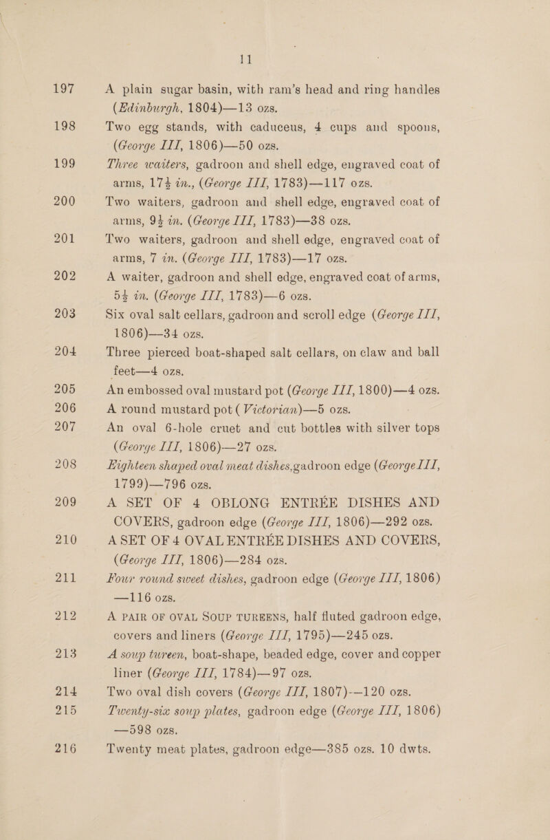 197 198 1 A plain sugar basin, with ram’s head and ring handles (Hdinburgh, 1804)—13 ozs. Two egg stands, with caduceus, 4 cups and spoons, (George ITT, 1806)—50 ozs. Three waiters, gadroon and shell edge, engraved coat of arms, 174 in., (George III, 1783)—117 ozs. Two waiters, gadroon and shell edge, engraved coat of arms, 94 an. (George IIT, 1783)—38 ozs. Two waiters, gadroon and shell edge, engraved coat of arms, 7 in. (George ITI, 1783)—17 ozs. A waiter, gadroon and shell edge, engraved coat of arms, 5g in. (George ITT, 1783)—6 ozs. Six oval salt cellars, gadroon and scroll edge (George LJ, 1806)—34 ozs. Three pierced boat-shaped salt cellars, on claw and ball feet—4 ozs. An embossed oval mustard pot (George ITI, 1800)—4 ozs. A round mustard pot ( Victorian)—5 ozs. An oval 6-hole cruet and cut bottles with silver tops (George IIT, 1806)—27 ozs. Highteen shaped oval meat dishes,gadroon edge (George LIT, 1799)—796 ozs. A SET OF 4 OBLONG ENTREE DISHES AND COVERS, gadroon edge (George III, 1806)—292 ozs. A SET OF 4 OVALENTREE DISHES AND COVERS, (George ITT, 1806)—284 ozs. Four round sweet dishes, gadroon edge (George III, 1806) —116 ozs. A PAIR OF OVAL SOUP TUREENS, half fluted gadroon edge, covers and liners (George II, 1795)—245 ozs. A soup tureen, boat-shape, beaded edge, cover and copper liner (George ITI, 1784)—97 ozs. Two oval dish covers (George IJ, 1807)-—120 ozs. Twenty-six soup plates, gadroon edge (George III, 1806) —598 ozs.