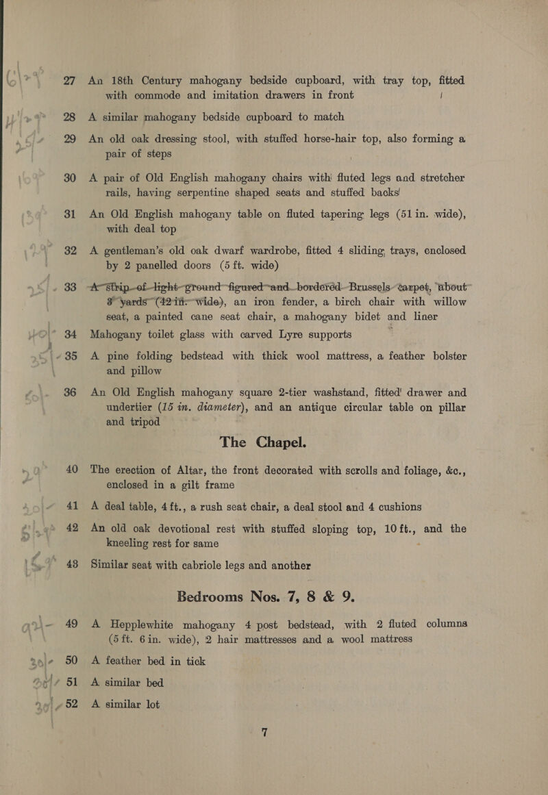 27 30 31 32 36 40 41 42 43 49 50 An 18th Century mahogany bedside cupboard, with tray top, fitted with commode and imitation drawers in front | A similar mahogany bedside cupboard to match An old oak dressing stool, with stuffed horse-hair top, also forming a pair of steps A pair of Old English mahogany chairs with! fluted legs and stretcher rails, having serpentine shaped seats and stuffed backs! An Old English mahogany table on fluted tapering legs (51 in. wide), with deal top A gentleman’s old oak dwarf wardrobe, fitted 4 sliding trays, enclosed by 2 panelled doors (5 ft. wide) 8 yards (42 iii=-wide), an iron fender, a birch chair with willow seat, a painted cane seat chair, a mahogany bidet and liner Mahogany toilet glass with carved Lyre supports A pine folding bedstead with thick wool mattress, a feather bolster and pillow An Old English mahogany square 2-tier washstand, fitted! drawer and undertier (15 in. diameter), and an antique circular table on pillar and tripod The Chapel. The erection of Altar, the front decorated with scrolls and foliage, &amp;c., enclosed in a gilt frame A deal table, 4 ft., a rush seat chair, a deal stool and 4 cushions An old oak devotional rest with stuffed sloping top, 10ft., and the kneeling rest for same , Similar seat with cabriole legs and another Bedrooms Nos. 7, 8 &amp; 9. A Hepplewhite mahogany 4 post bedstead, with 2 fluted columns (5 ft. 6in. wide), 2 hair mattresses and a, wool mattress A feather bed in tick A similar bed A similar lot