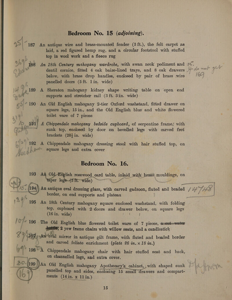  - | “187° An antique wire and brass-mounted fender (3 ft.), the felt carpet as ' laid, a red figured hemp rug, and a circular footstool with stuffed top in wool work and a fleece rug § @+ below, with brass drop handles, enclosed by pair of brass wire panelled doors (5ft. lin. wide) » 189 A Sheraton mahogany kidney shape writing table on ‘open end pO a supports and stretcher rail (3 ft. 3tin. wide) 190 An Old English mahogany 2-tier Oxford washstand, fitted drawer on square legs, 15in., and the Old English blue and white flowered ,18 toilet ware of 7 pieces Jo, 191 A Chippendale mahogany bedside cupboard, of serpentine frame, with Ro sunk top, enclosed by door ion bevelled legs with carved fret brackets (203 in. wide) Nia 192 A Chippendale mahogany dressing stool with hair stuffed top, on , oe square legs and extra cover Bedroom No. 16. Old English rosewood. eer Baa: Speed with’ brass agen on border, on end supports and plateau » a eF }47 195 An 18th Century mahogany square enclosed washstand, with folding . top, cupboard with 2 doors and drawer below, on square legs (16 in. wide) pana | lod. ~/* 196 The Old English blue flowered toilet ware of 7 pieces, aseutewater ‘bottle; 2 yew frame chairs with willow seats, and a candlestick ‘ok < ¥ / ADT» Am» cM mirror in antique oilt frame, with fluted and beaded border ) and carved foliate enrichment (plate 26 in. x 18 in.) of 198 as SQ. Cbinpentiale mahogany chair with hair stuffed seat and back, a0} + on channelled legs, and extra cover. ©1199 }}An Old English mahogany Apothecary’s cabinet, ;with shaped sunk iL, Q panelled ie and sides, enclosing 15 eatin awers and compart- W t $     15