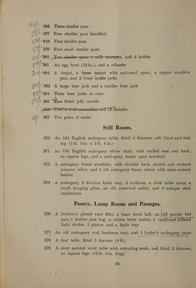 vy] * 359 44 361 90) 862 es poy 363 | 364 Three similar pans Four similar pans (smaller) Four similar pans Four small similar pans An ege bowl (12in.), and a colander A teapot, a brass teapot with embossed spout, a On omelette pan, and 2 brass bottle jacks A large beer jack and a smaller beer jack Three beer jacks in sizes 370 371 ) s3i- 367 | 372 373! 376 377 378 379 Two pairs of scales Stull Room. An Old English mahogany table, fitted 4 drawers, oak lined and deal top (3ft. 3in. x 2ft. 8 in.) An Old English mahogany elbow chair, with stuffed seat and back, on square legs, and a mahogany frame open armchair A mahogany frame armchair, with circular back, stuffed and covered crimson velvet, and 3 old mahogany frame chairs with seats covered leather A mahogany 2 division knife tray, 2 cushions, a cloth table cover, a small hanging glass, an old rosewood caddy, and 8 antique steel implements Pantry, Lamp Room and Passages. A Doulton’s glazed ware filter, a brass hand bell, an old! pewter bed pan, a leather post bag, a wicker letter basket, 6 cardboard ae light shades, 5 photos, and a knife tray An old mahogany oval luncheon tray, and 3 butler’s mahogany trays net : ee A deal table, fitted 3 drawers (8 ft.) A stout painted wood table with extending ends, and fitted 2 drawers, on square legs (12 ft. 3in. long) f