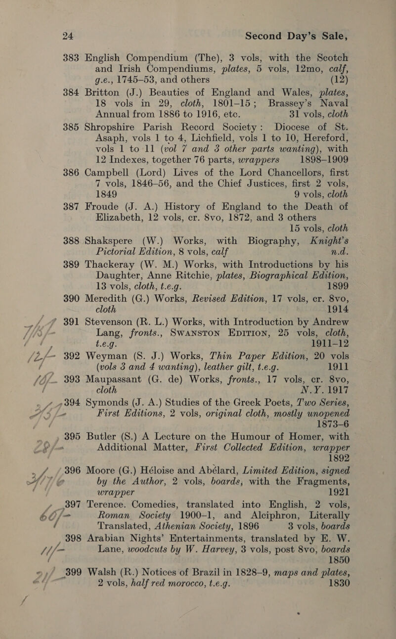 383 384 385 386 387 390 391 Zf- 392 bi 393 394 f/ /.396 , 397 60/- Fi 398 / /f- ./ 399 English Compendium (The), 3 vols, with the Scotch and Irish Compendiums, plates, 5 vols, 12mo, calf, g.e., 1745-53, and others (12) Britton (J.) Beauties of England and Wales, plates, 18 vols in 29, cloth, 1801-15; Brassey’s Naval Annual from 1886 to 1916, etc. 31 vols, cloth Shropshire Parish Record Society: Diocese of St. Asaph, vols 1 to 4, Lichfield, vols 1 to 10, Hereford, vols 1 to Il (vol 7 and 3 other parts wanting), with 12 Indexes, together 76 parts, wrappers 1898-1909 Campbell (Lord) Lives of the Lord Chancellors, first 7 vols, 1846-56, and the Chief Justices, first 2 vols, 1849 9 vols, cloth Froude (J. A.) History of England to the Death of Elizabeth, 12 vols, cr. 8vo, 1872, and 3 others 15 vols, cloth Shakspere (W.) Works, with Biography, Knight's Pictorial Edition, 8 vols, calf n.d. Thackeray (W. M.) Works, with Introductions by his Daughter, Anne Ritchie, plates, Biographical Edition, 13 vols, cloth, t.e.g. 1899 Meredith (G.) Works, Revised Edition, 17 vols, er. 8vo, cloth | 1914 Stevenson (R. L.) Works, with Introduction by Andrew Lang, fronts.,. Swanston Enpirion, 25 vols, cloth, t.€.g. 1911-12 Weyman (8S. J.) Works, Thin Paper Edition, 20 vols (vols 3 and 4 wanting), leather gilt, t.e.g. 1911 Maupassant (G. de) Works, fronts., 17 vols, cr. 8vo, cloth. No F917 Symonds (J. A.) Studies of the Greek Poets, T'wo Series, First Editions, 2 vols, original cloth, mostly unopened 1873-6 Butler (S.) A Lecture on the Humour of Homer, with Additional Matter, First Collected Edition, wrapper 1892 Moore (G.) Héloise and Abélard, Limited Edition, signed by the Author, 2 vols, boards, with the Fragments, wrapper 1921 Terence. Comedies, translated into English, 2 vols, Roman Society 1900-1, and Alciphron, Literally Translated, Athenian Society, 1896 3 vols, boards Arabian Nights’ Entertainments, translated by E. W. Lane, woodcuts by W. Harvey, 3 vols, post 8vo, boards 1850 Walsh (R.) Notices of Brazil in 1828-9, maps and plates, 2 vols, half red morocco, t.e.g. 1830