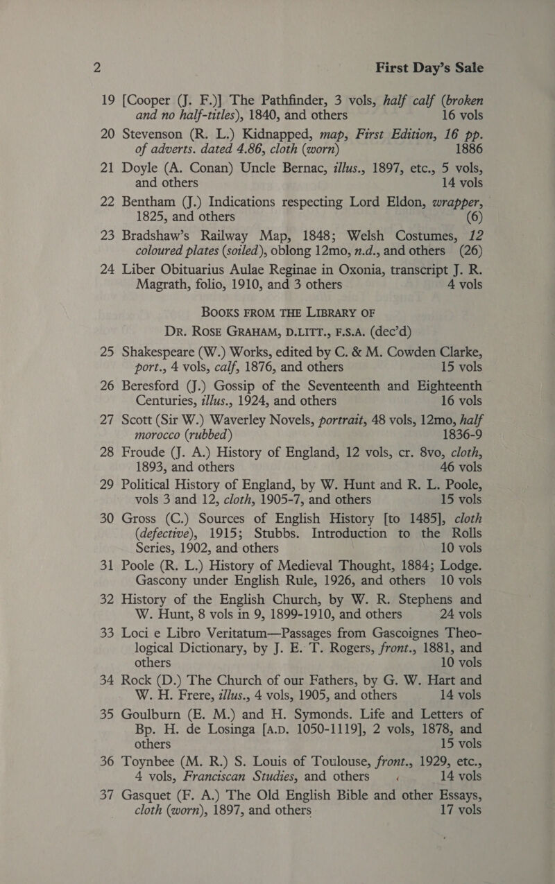 36 37 First Day’s Sale [Cooper (J. F.)] The Pathfinder, 3 vols, half calf (broken and no half-titles), 1840, and others 16 vols Stevenson (R. L.) Kidnapped, map, First Edition, 1 ’ PP. of adverts. dated 4.86, cloth (worn) 886 Doyle (A. Conan) Uncle Bernac, illus., 1897, etc., 5 ne and others 14 vols Bentham (J.) Indications respecting Lord Eldon, wrapper, 1825, and others Bradshaw’s Railway Map, 1848; Welsh Costumes, 12 coloured plates (soiled), oblong 12mo, n.d., and others (26) Liber Obituarius Aulae Reginae in Oxonia, transcript J. R. Magrath, folio, 1910, and 3 others 4 vols BOOKS FROM THE LIBRARY OF Dr. ROSE GRAHAM, D.LITT., F.S.A. (dec’d) Shakespeare (W.) Works, edited by C. &amp; M. Cowden Clarke, port., 4 vols, calf, 1876, and others 15 vols Beresford (J.) Gossip of the Seventeenth and Eighteenth — Centuries, zl/us., 1924, and others 16 vols Scott (Sir W.) Waverley Novels, portrait, 48 vols, 12mo, half morocco (rubbed) 1836-9 Froude (J. A.) History of England, 12 vols, cr. 8vo, cloth, 1893, and others 46 vols Political History of England, by W. Hunt and R. L. Poole, vols 3 and 12, cloth, 1905-7, and others 15 vols Gross (C.) Sources of English History [to 1485], cloth (defective), 1915; Stubbs. Introduction to the Rolls Series, 1902, and others 10 vols Gascony under English Rule, 1926, and others 10 vols History of the English Church, by W. R. Stephens and W. Hunt, 8 vols in 9, 1899-1910, and others 24 vols Loci e Libro Veritatum—Passages from Gascoignes Theo- logical Dictionary, by J. E. T. Rogers, front., 1881, and others 10 vols Rock (D.) The Church of our Fathers, by G. W. Hart and W. H. Frere, z/lus., 4 vols, 1905, and others 14 vols Goulburn (E. M.) and H. Symonds. Life and Letters of Bp. H. de Losinga [A.p. 1050-1119], 2 vols, 1878, and others 15 vols Toynbee (M. R.) S. Louis of Toulouse, front., 1929, etc., 4 vols, Franciscan Studies, and others ‘ 14 vols Gasquet (F. A.) The Old English Bible and other Essays, cloth (worn), 1897, and others» 17 vols